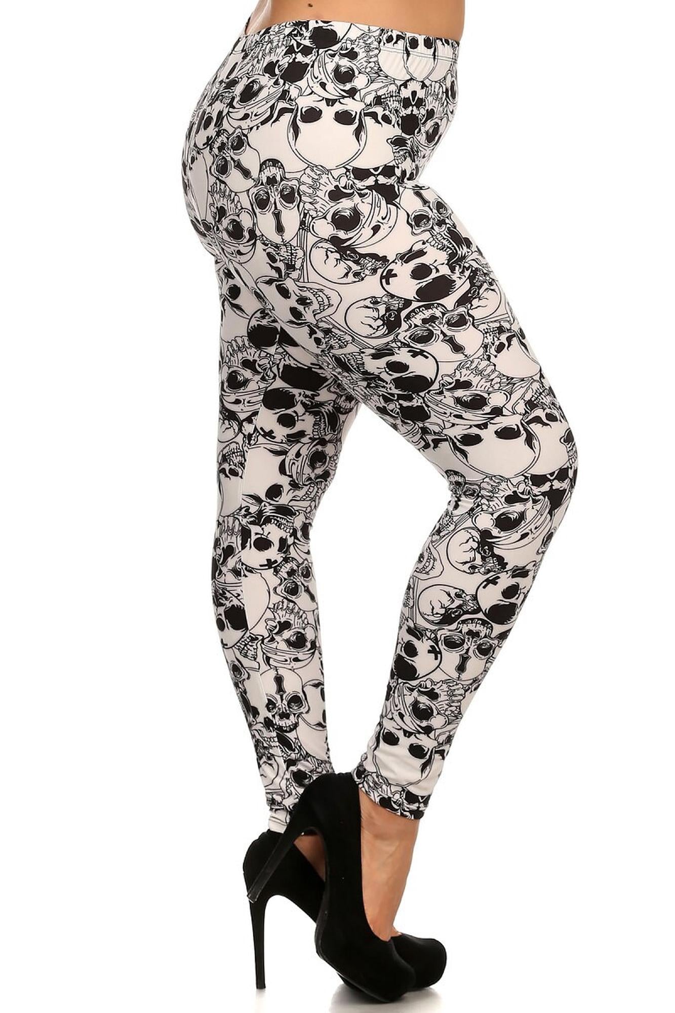 Plus Size - Buttery Soft White Layers of Skulls Leggings - One Size Plus