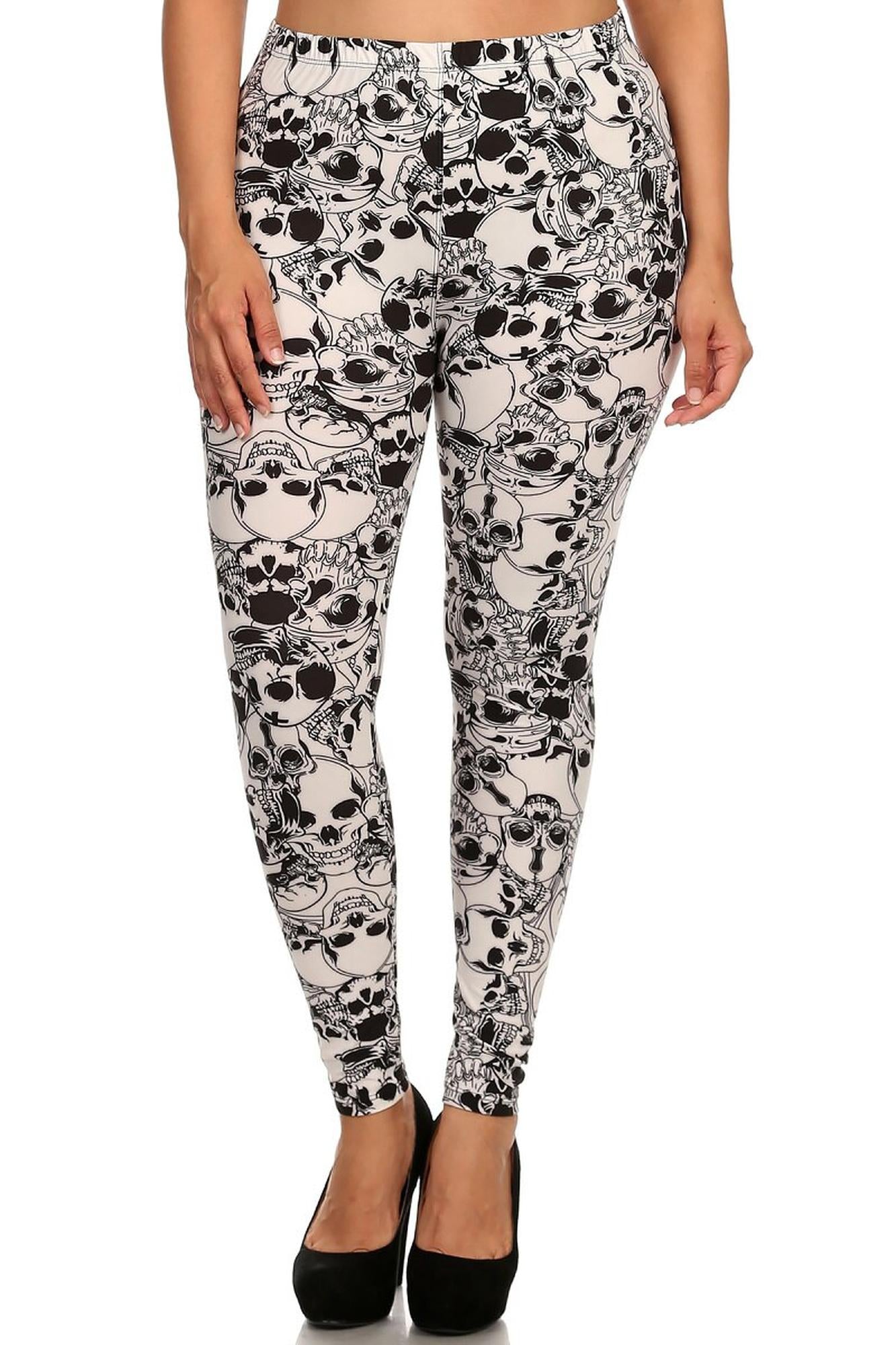Plus Size - Buttery Soft White Layers of Skulls Leggings - One Size Plus