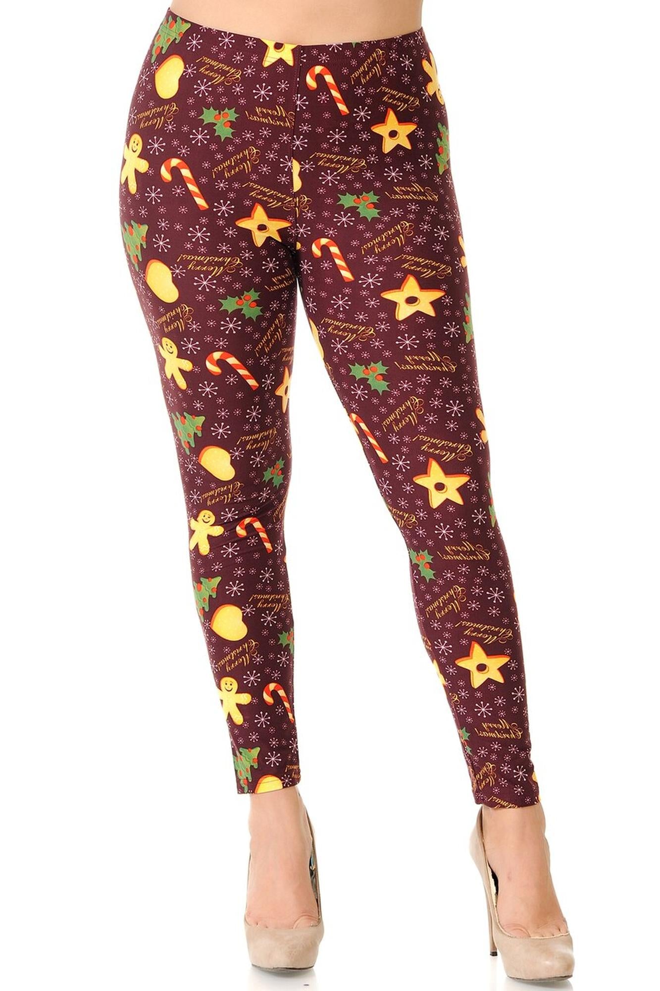 Buttery Soft Merry Christmas Treats and Cookies Plus Size Leggings (One Size Plus,Burgundy)