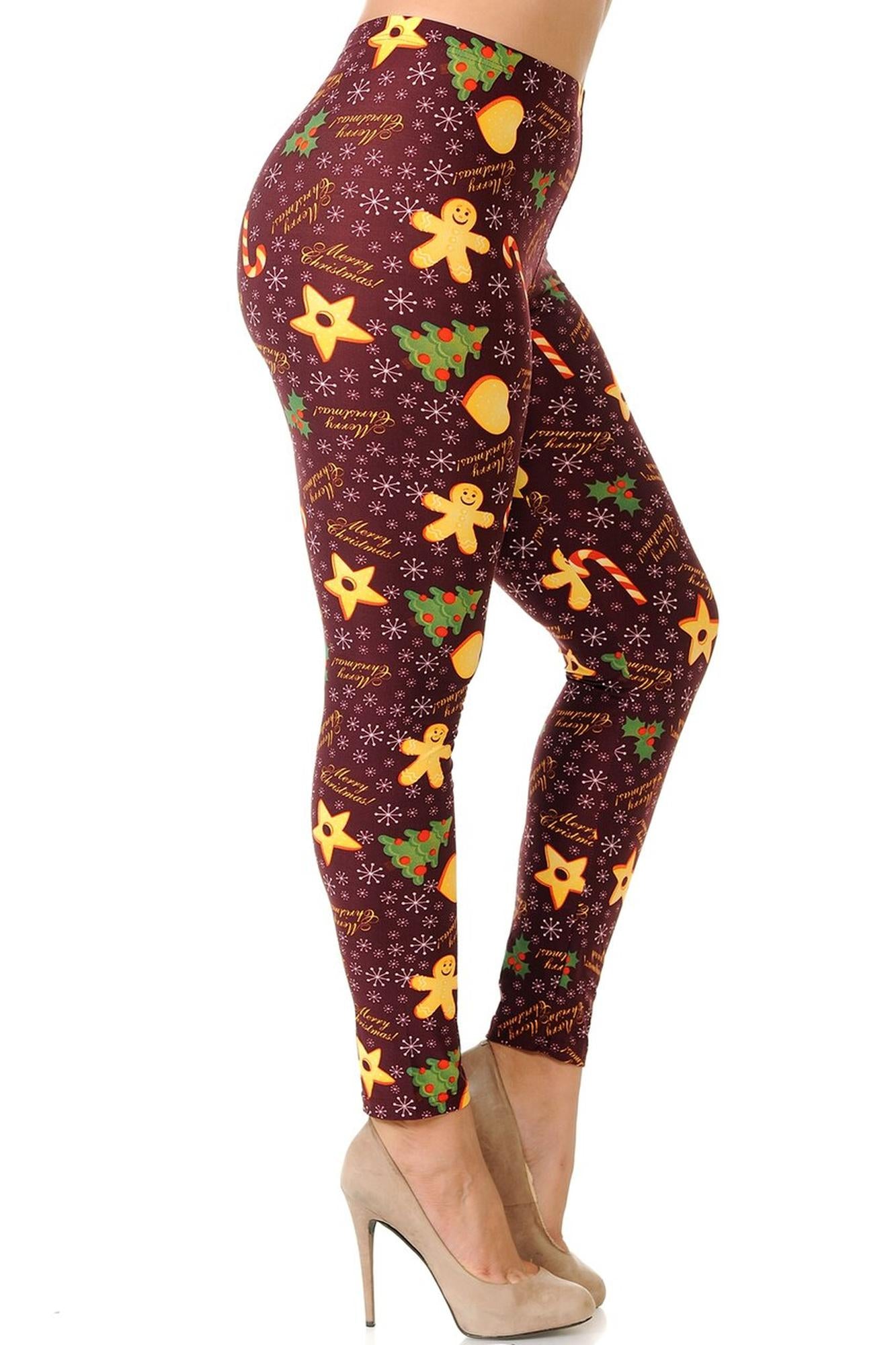 Buttery Soft Merry Christmas Treats and Cookies Plus Size Leggings (One Size Plus,Burgundy)