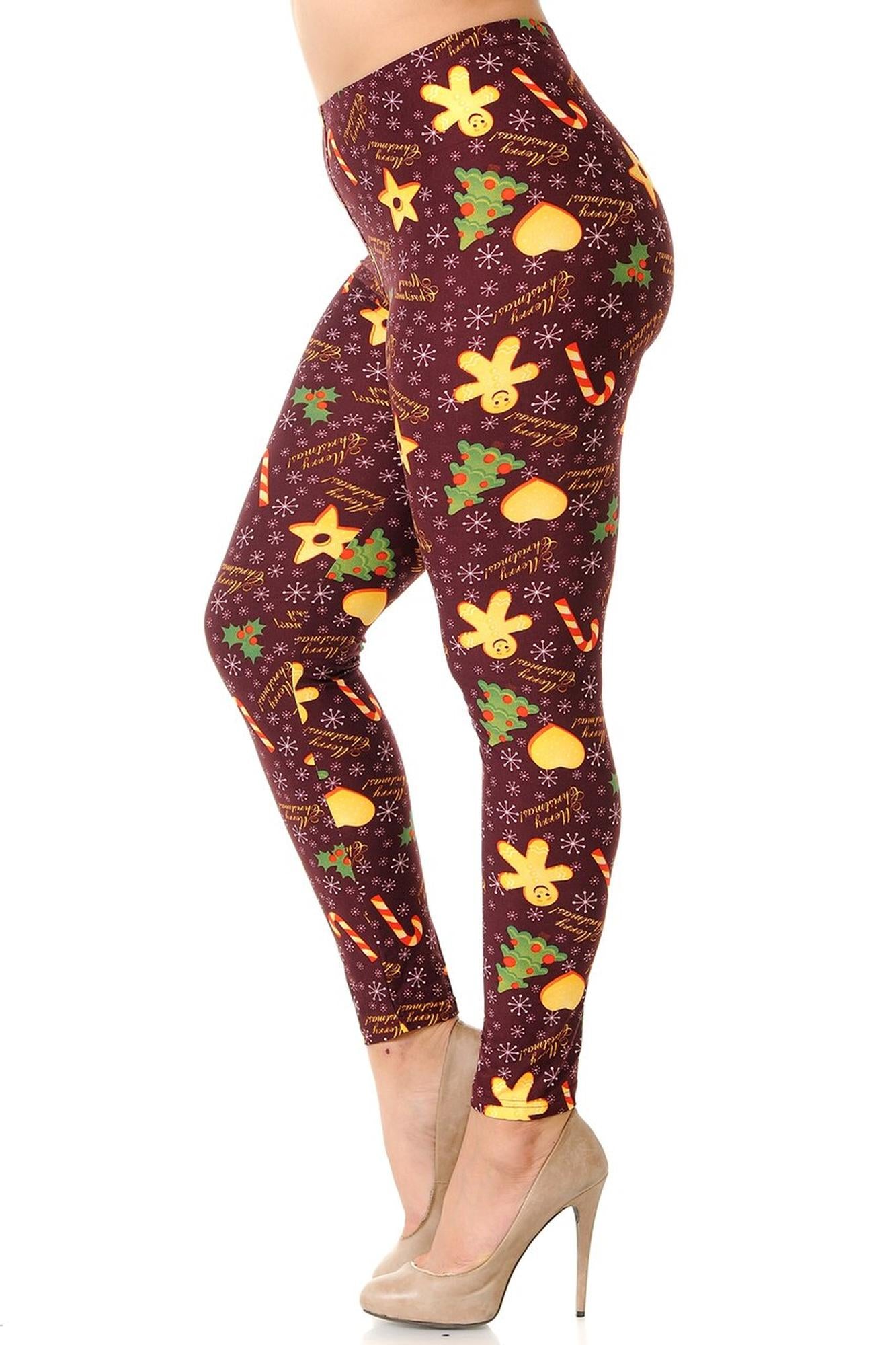 Buttery Soft Merry Christmas Treats and Cookies Plus Size Leggings (One Size Plus,Burgundy)