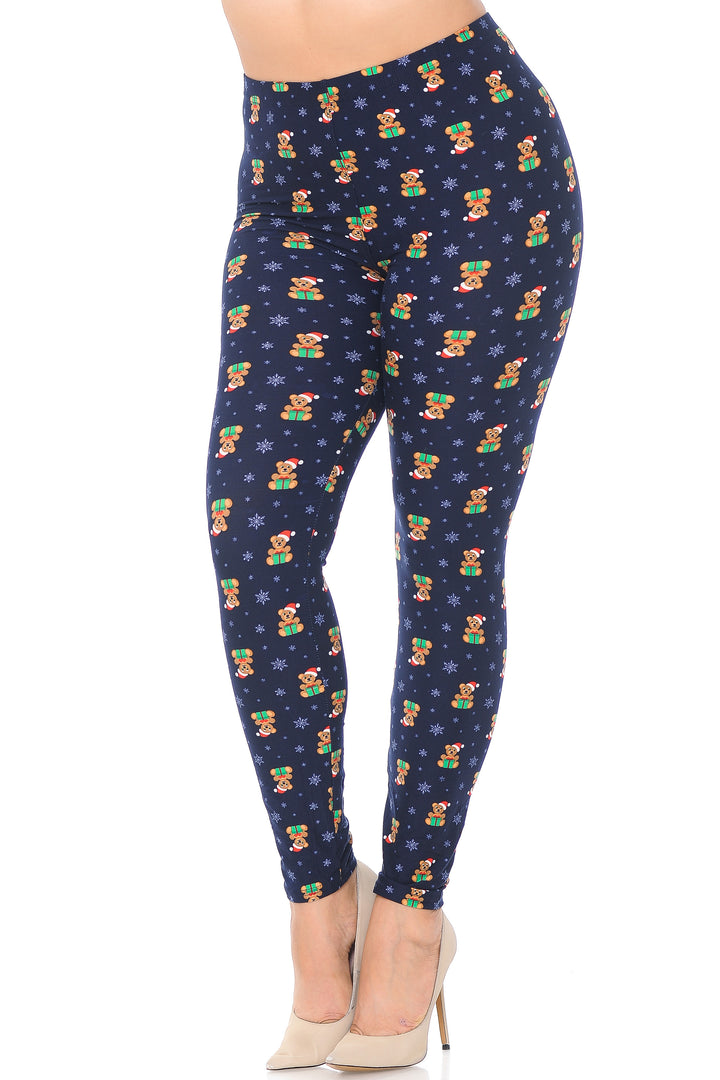 Buttery Soft Christmas Teddy Bears Plus size Leggings (One Size Plus,Navy)