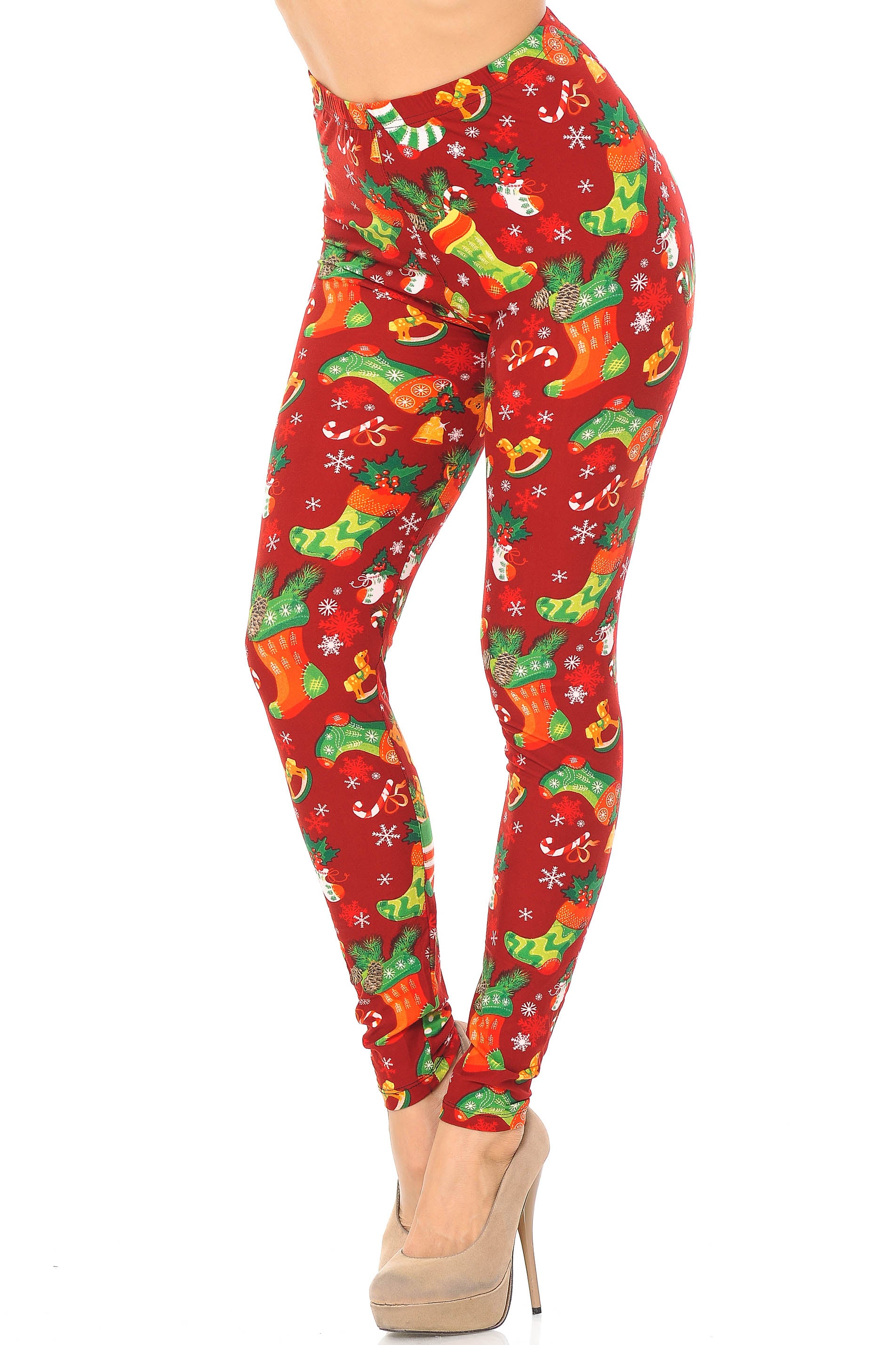 Buttery Soft Ruby Red Christmas Stocking Plus Size Leggings (One Size Plus,Red)