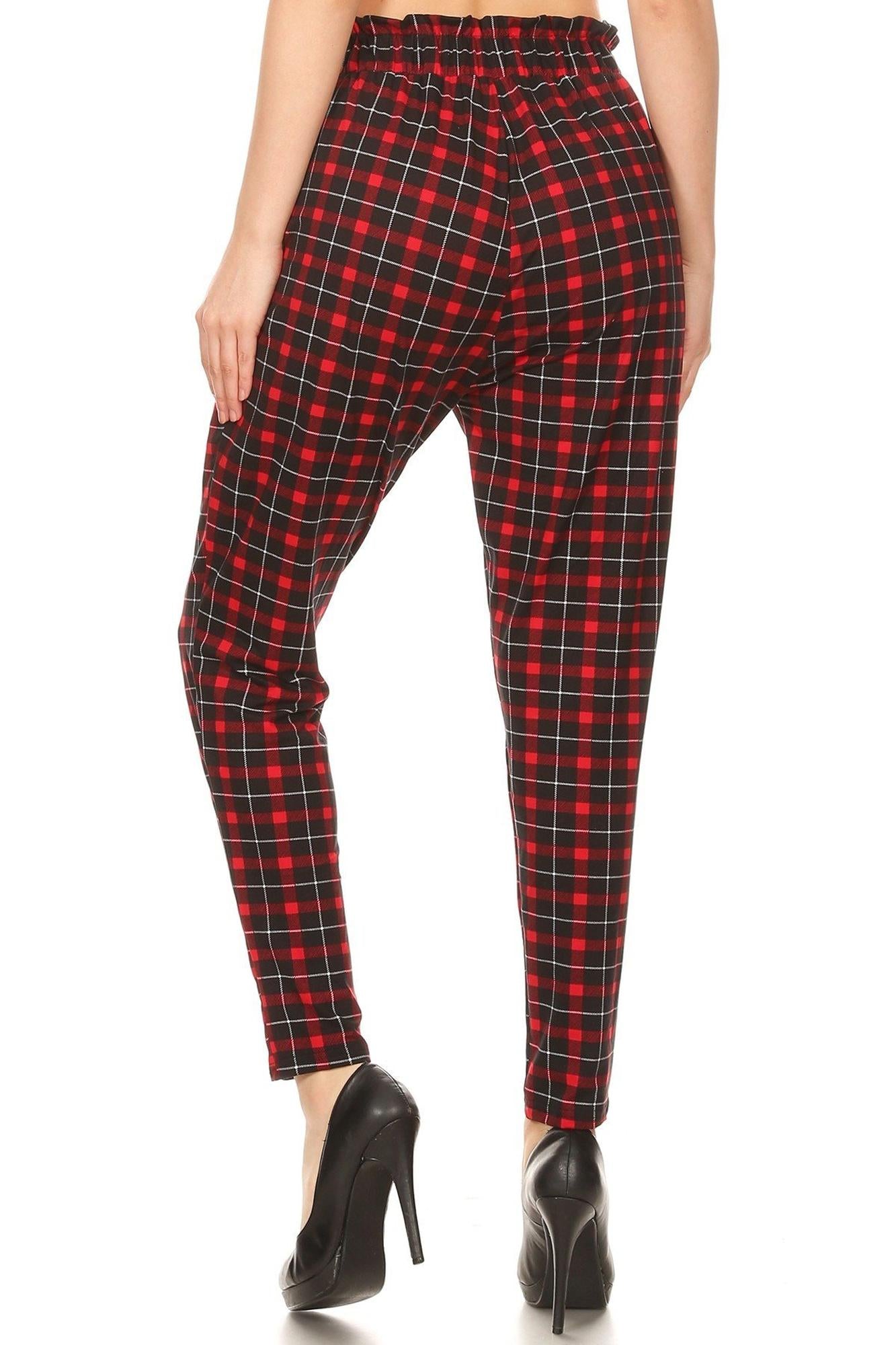 Red Plaid High Waisted Paper Bag Tie Front Pants