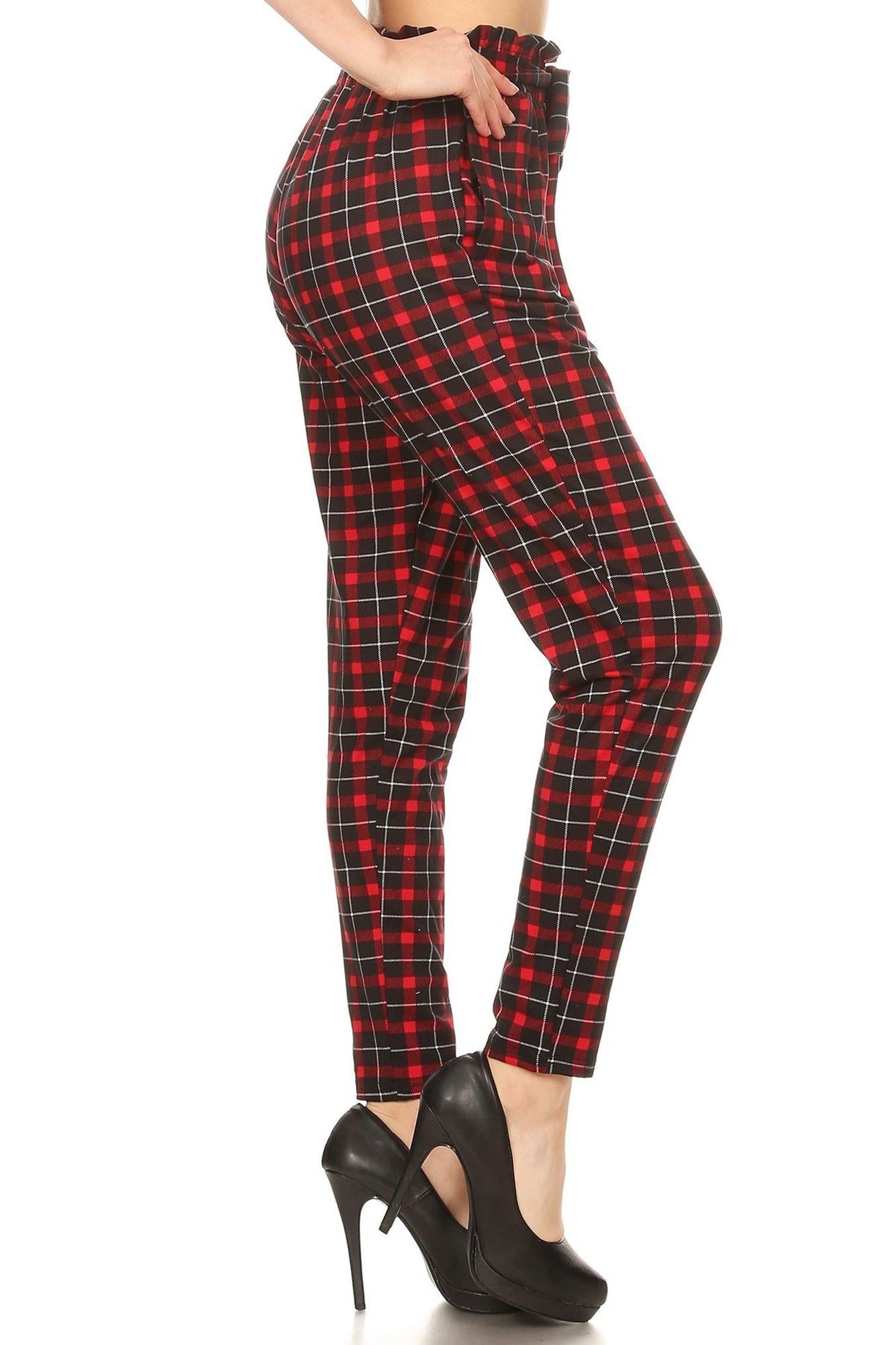 Red Plaid High Waisted Paper Bag Tie Front Pants