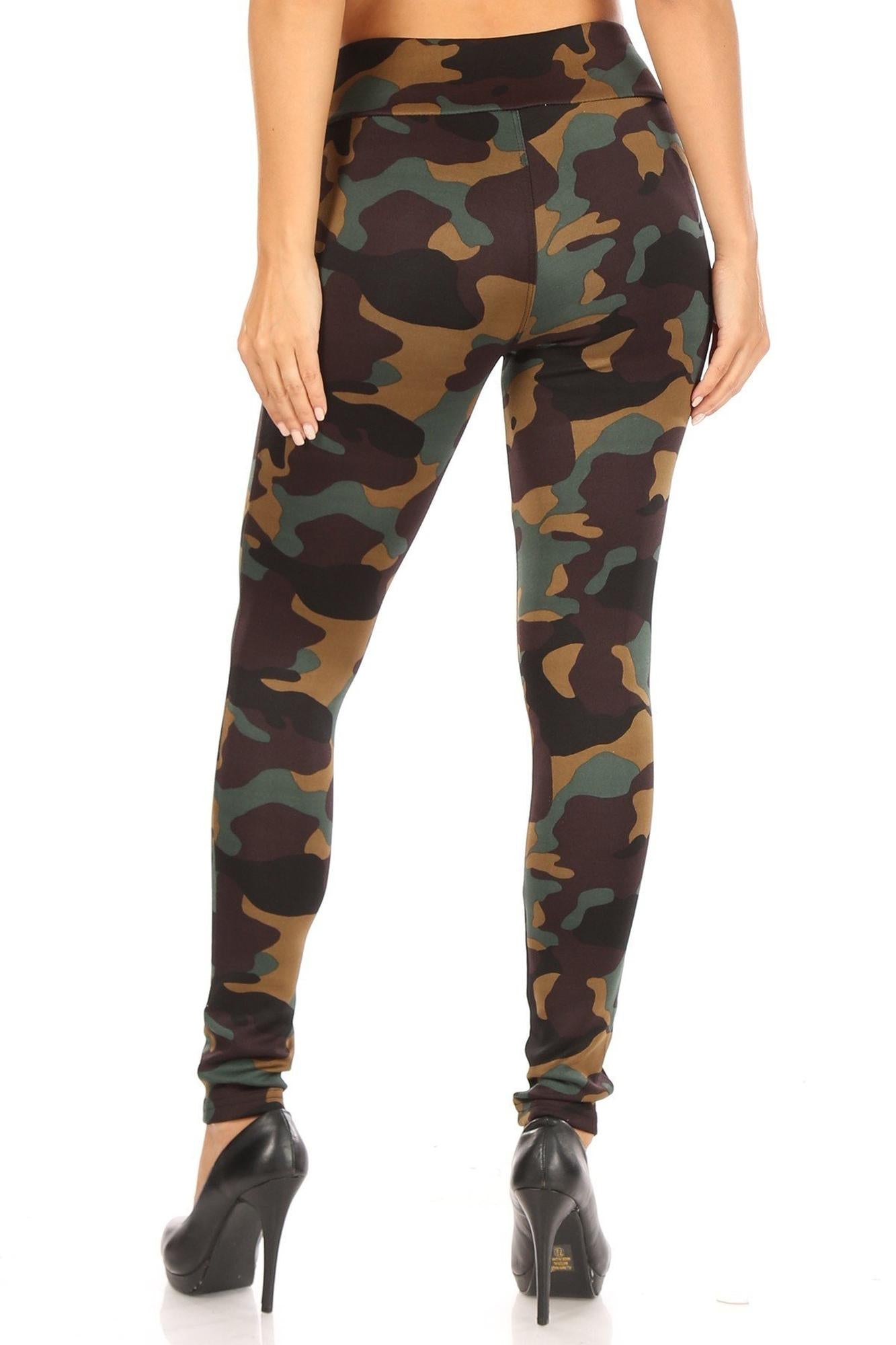 Brown Camouflage High Waisted Treggings with Zipper Accent Pockets