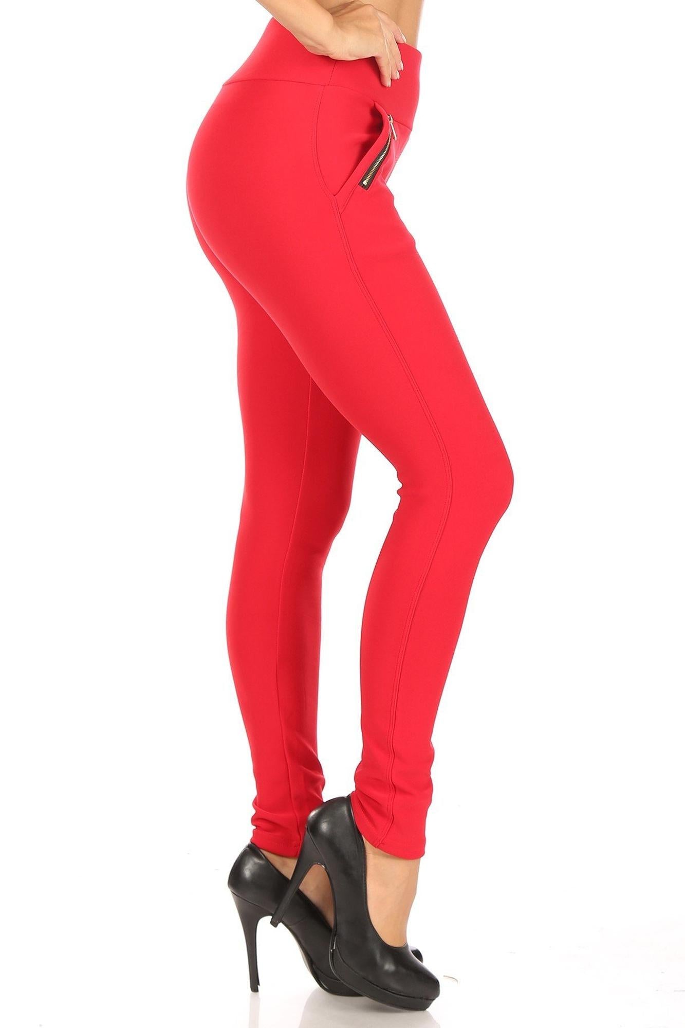 Red High Waisted Treggings with Zipper Accent Pockets