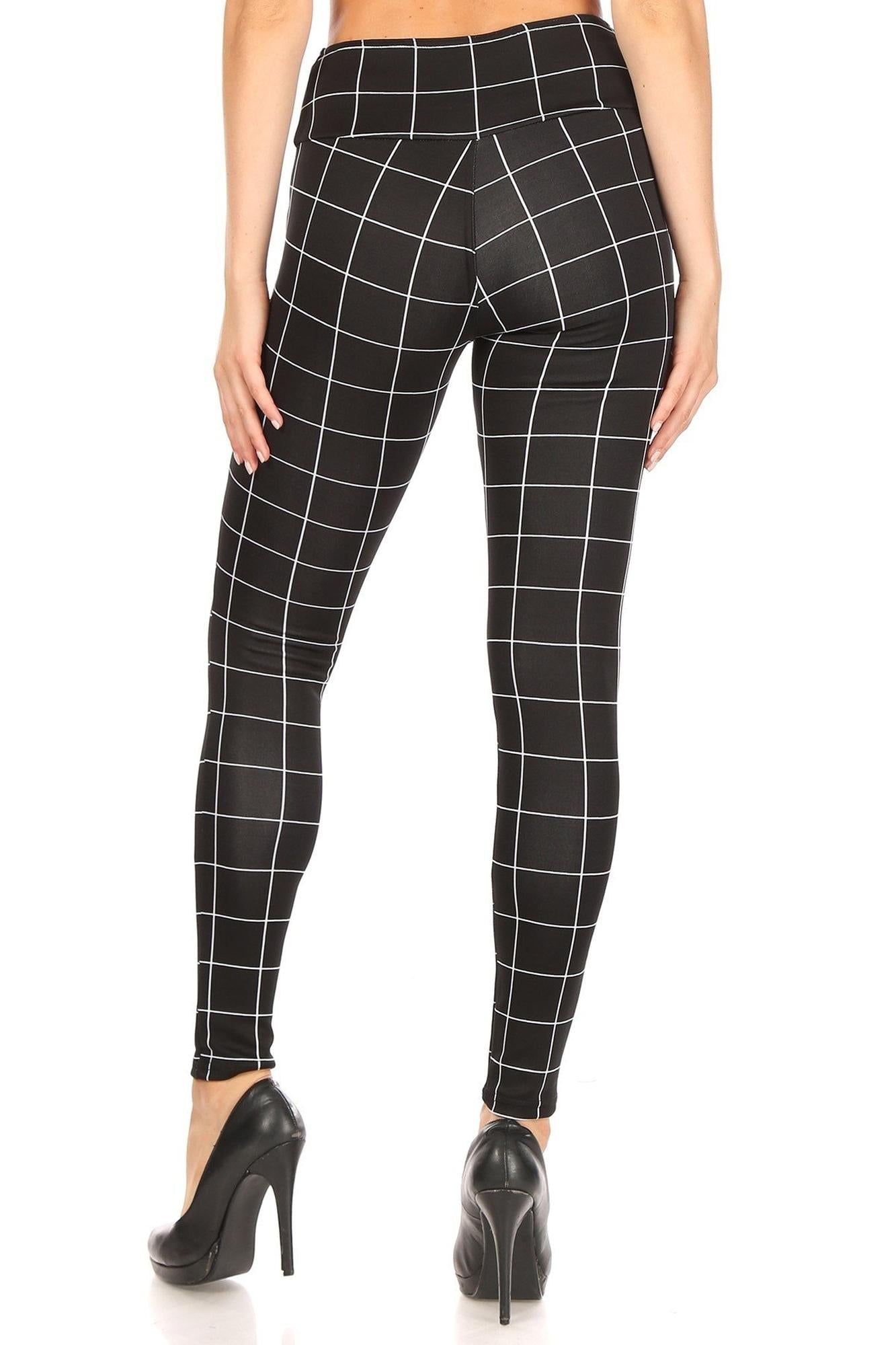 Black and White Grid Print High Waisted Treggings with Button Front