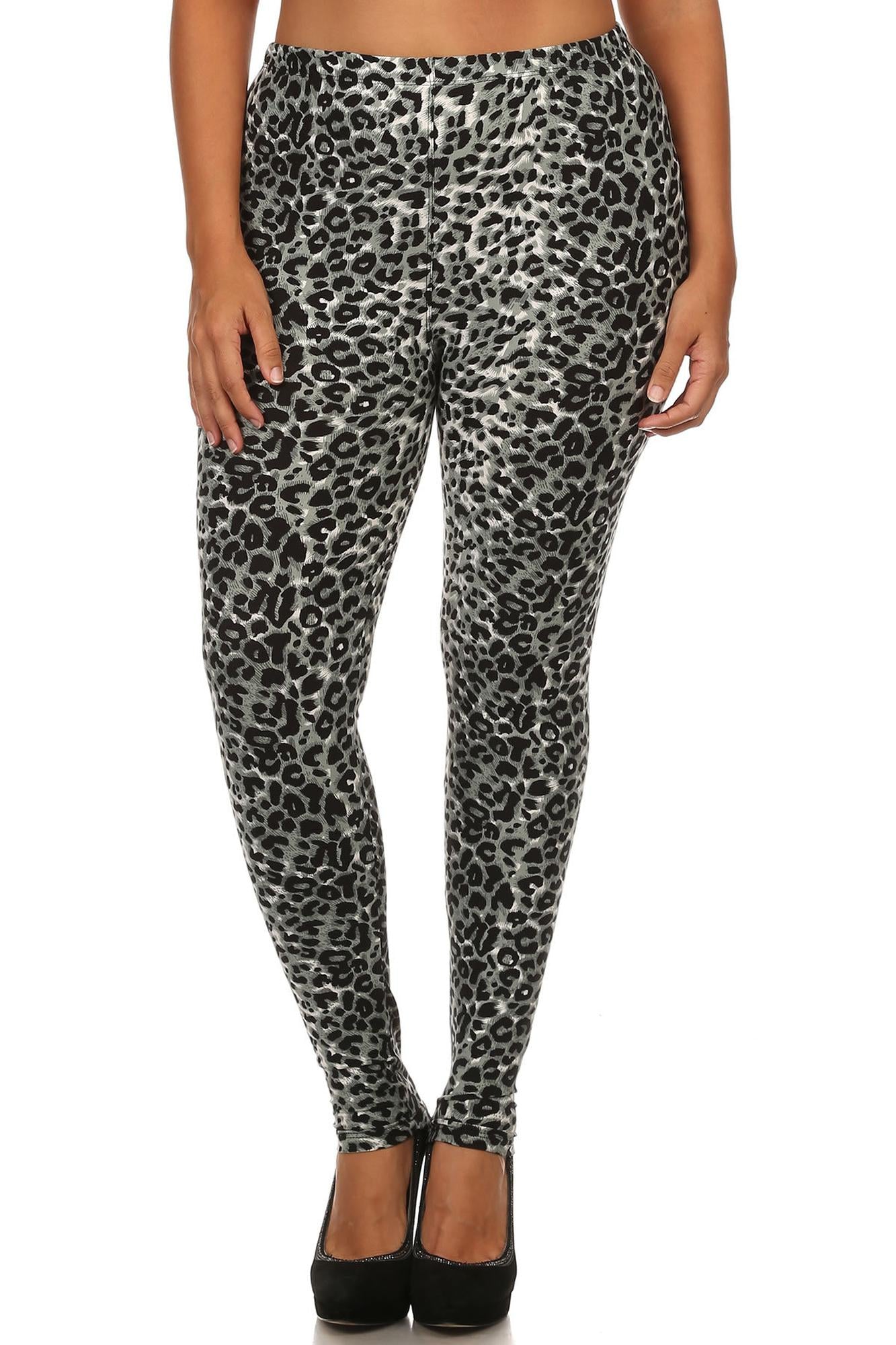 Buttery Soft Snow Leopard Plus Size Leggings (One Size Plus,Charcoal)