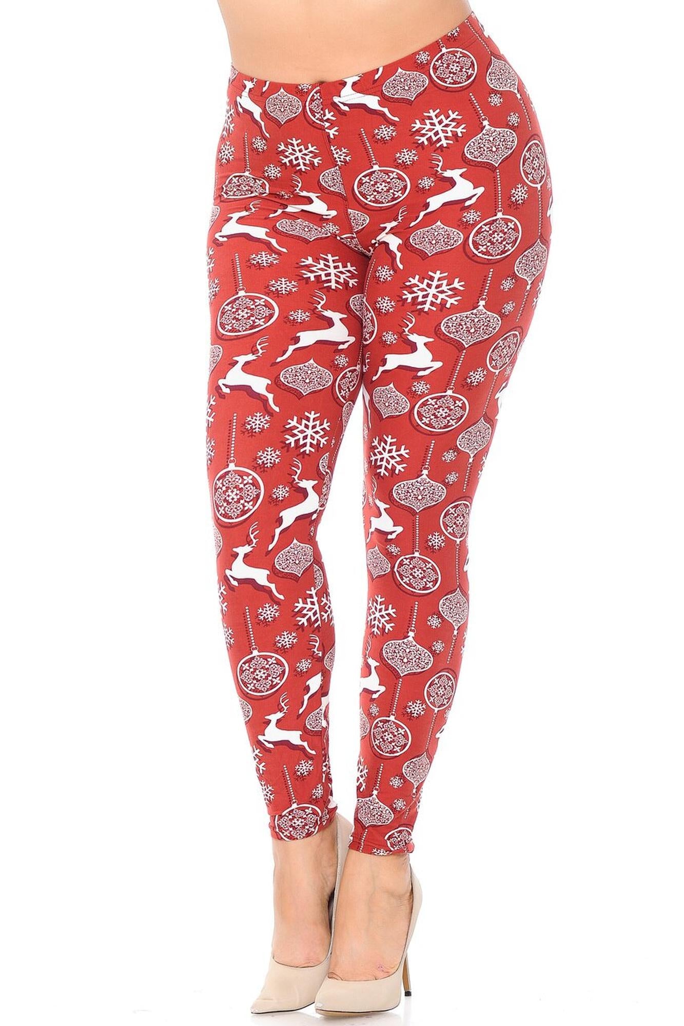 Buttery Soft Jumping Christmas Reindeer Plus Size Leggings (One Size Plus,Burgundy)