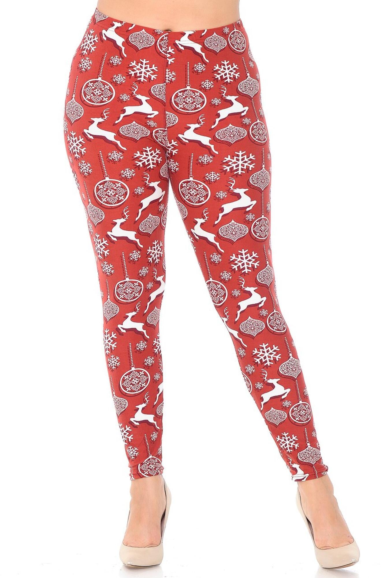 Buttery Soft Jumping Christmas Reindeer Plus Size Leggings (One Size Plus,Burgundy)