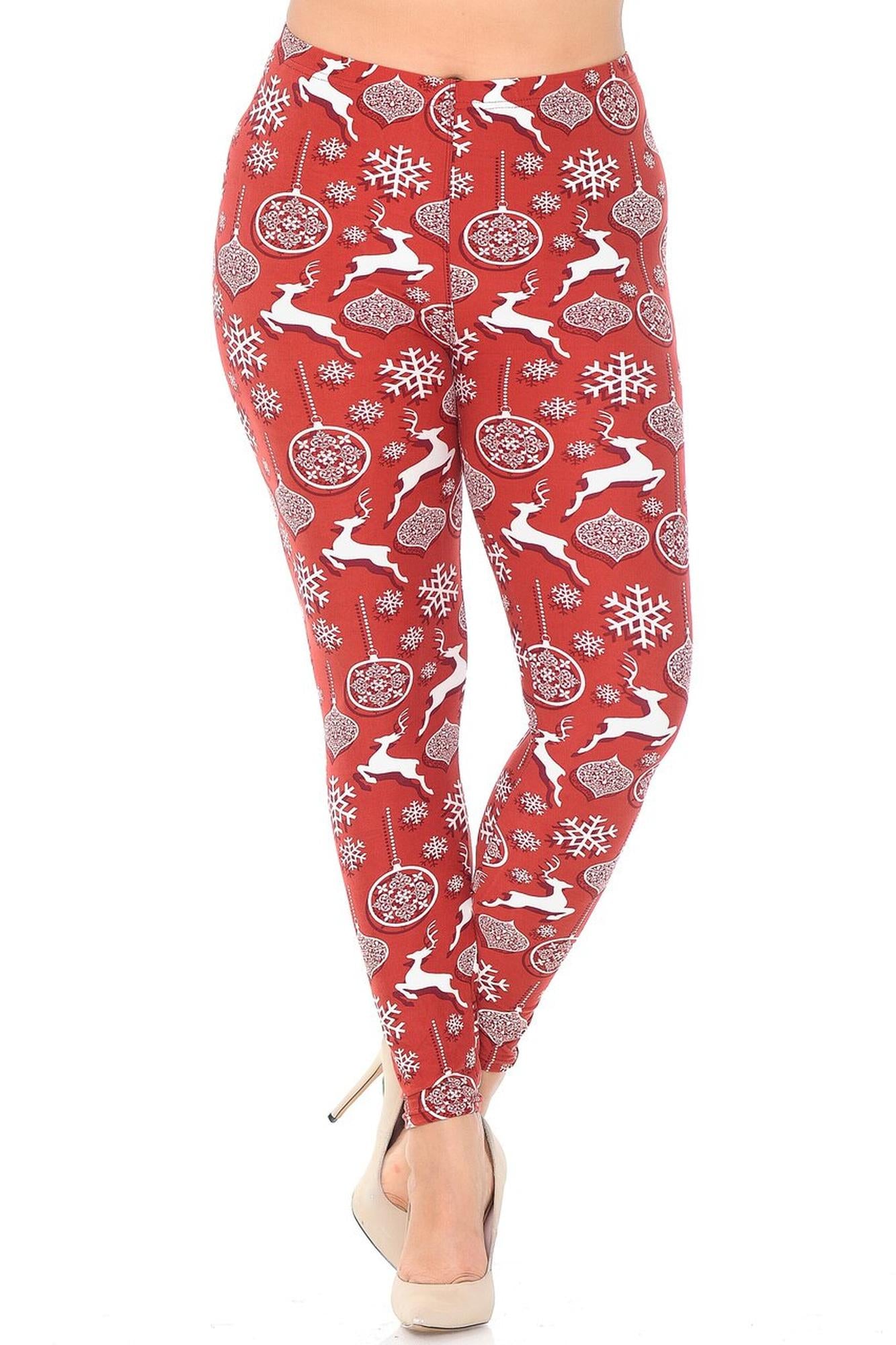 Buttery Soft Jumping Christmas Reindeer Plus Size Leggings (One Size Plus,Burgundy)
