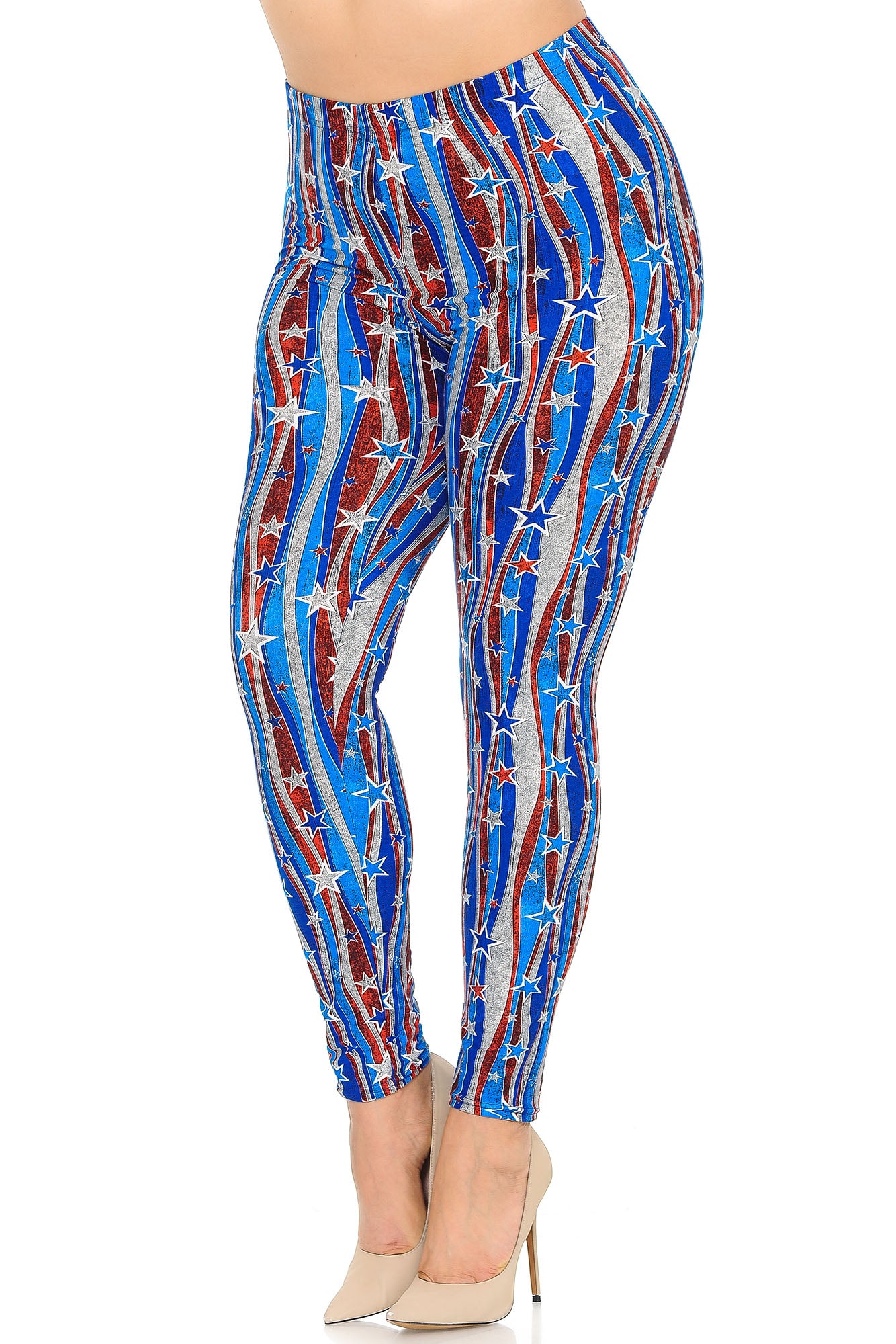 Buttery Soft Metallic USA Flag Plus Size Leggings (One Size Plus,Blue)