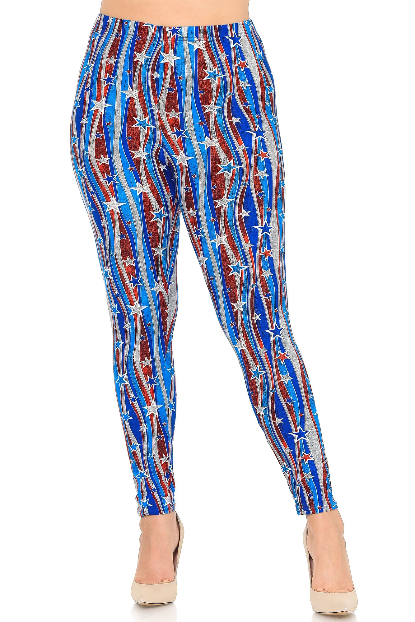 Buttery Soft Metallic USA Flag Plus Size Leggings (One Size Plus,Blue)
