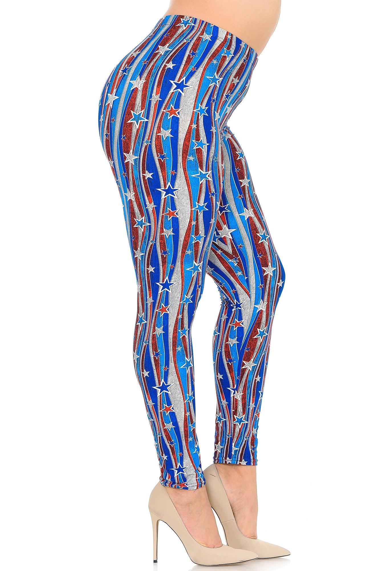 Buttery Soft Metallic USA Flag Plus Size Leggings (One Size Plus,Blue)