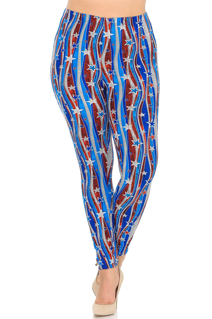 Buttery Soft Metallic USA Flag Plus Size Leggings (One Size Plus,Blue)