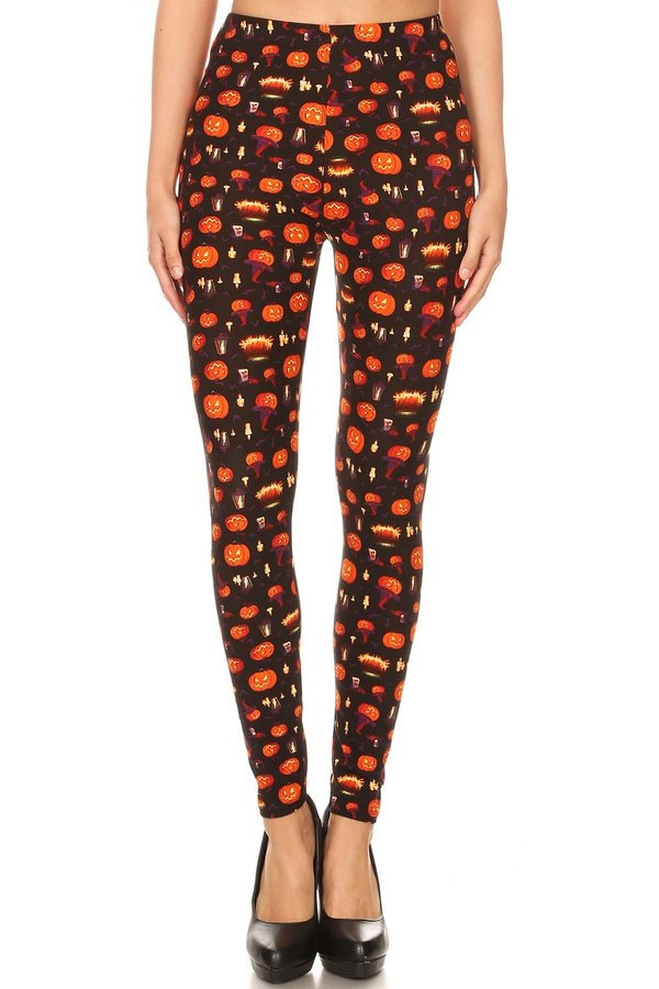 Buttery Soft Pumpkins Cauldrons and Candles Halloween Plus Size Leggings (One Size Plus,Orange)