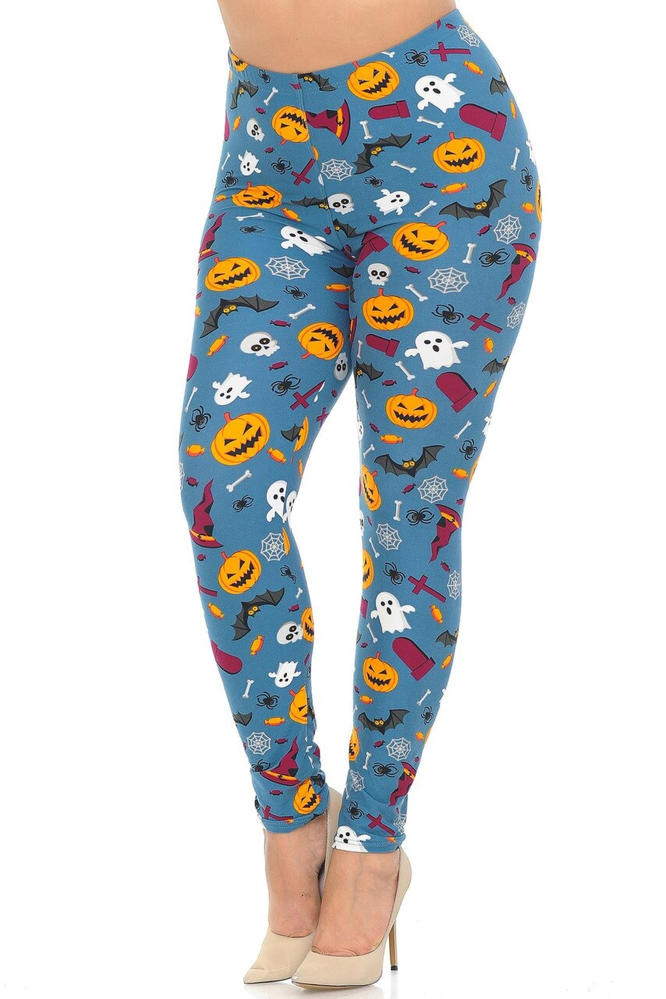 Buttery Soft Steel Blue Halloween Motif Plus Size Leggings (One Size Plus,Blue)