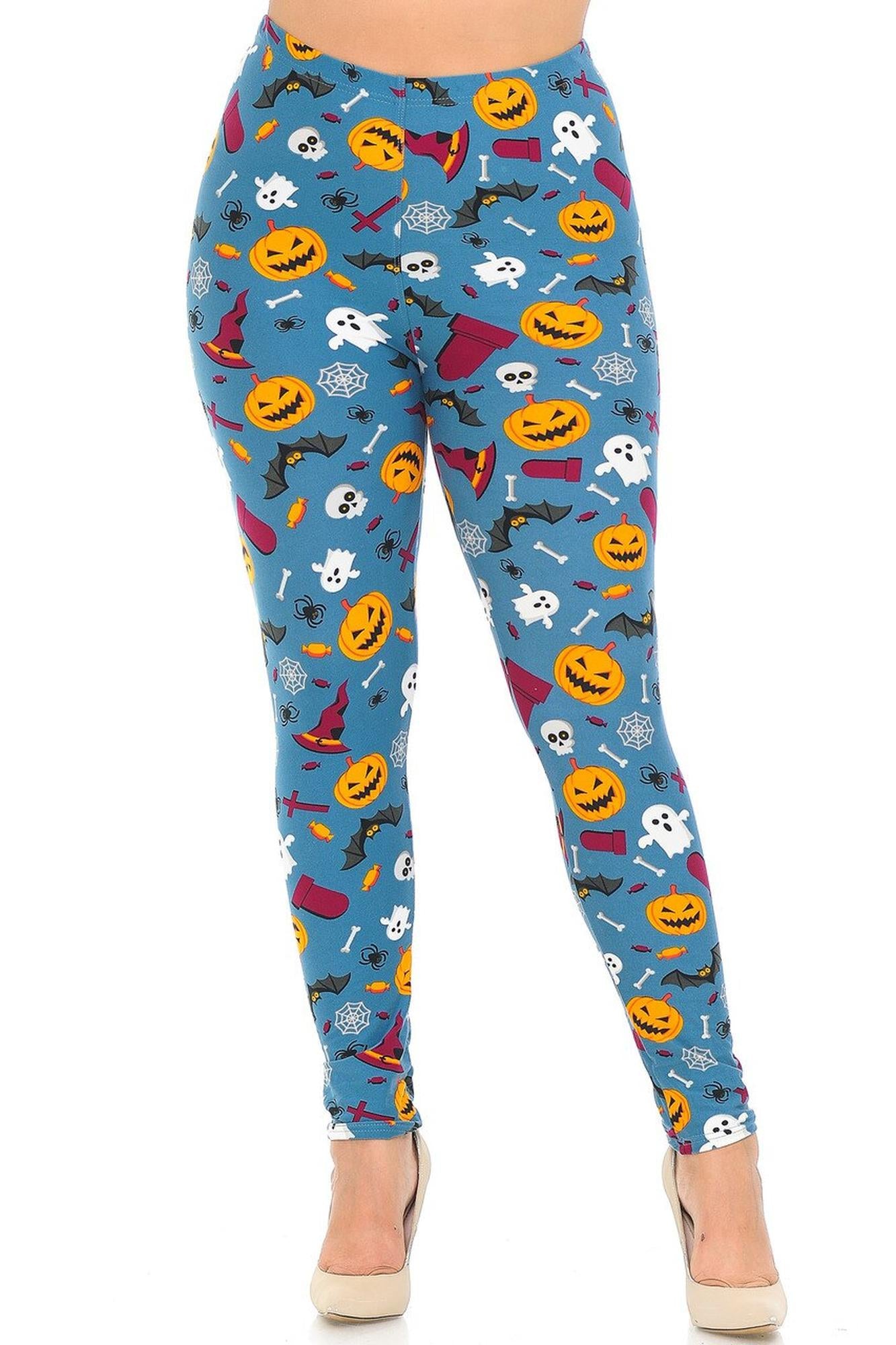Buttery Soft Steel Blue Halloween Motif Plus Size Leggings (One Size Plus,Blue)