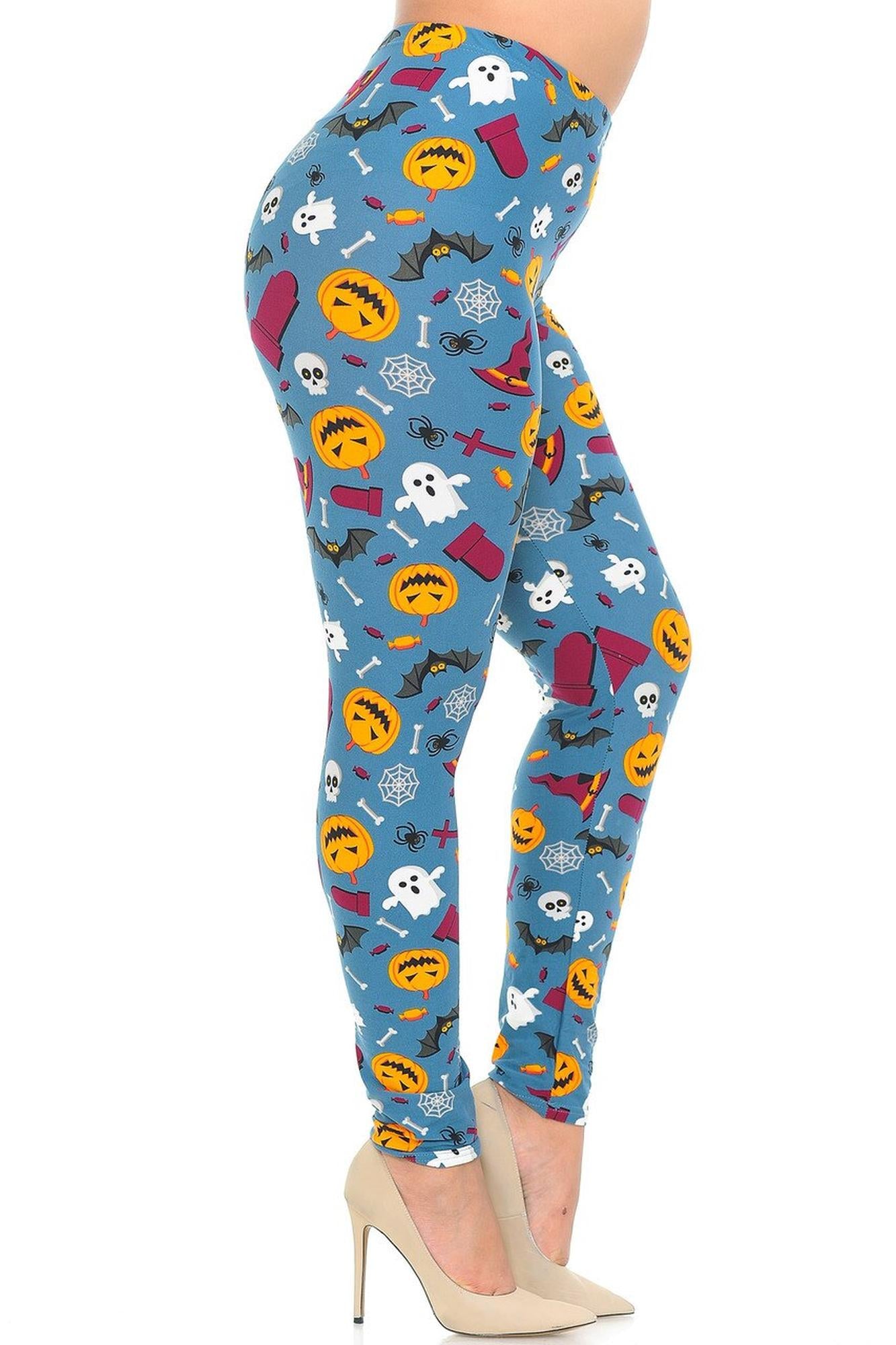Buttery Soft Steel Blue Halloween Motif Plus Size Leggings (One Size Plus,Blue)