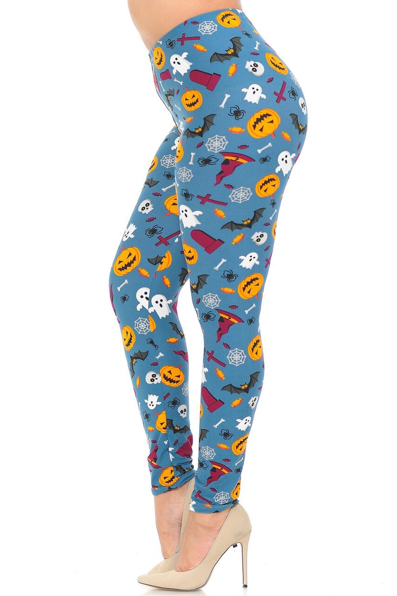 Buttery Soft Steel Blue Halloween Motif Plus Size Leggings (One Size Plus,Blue)