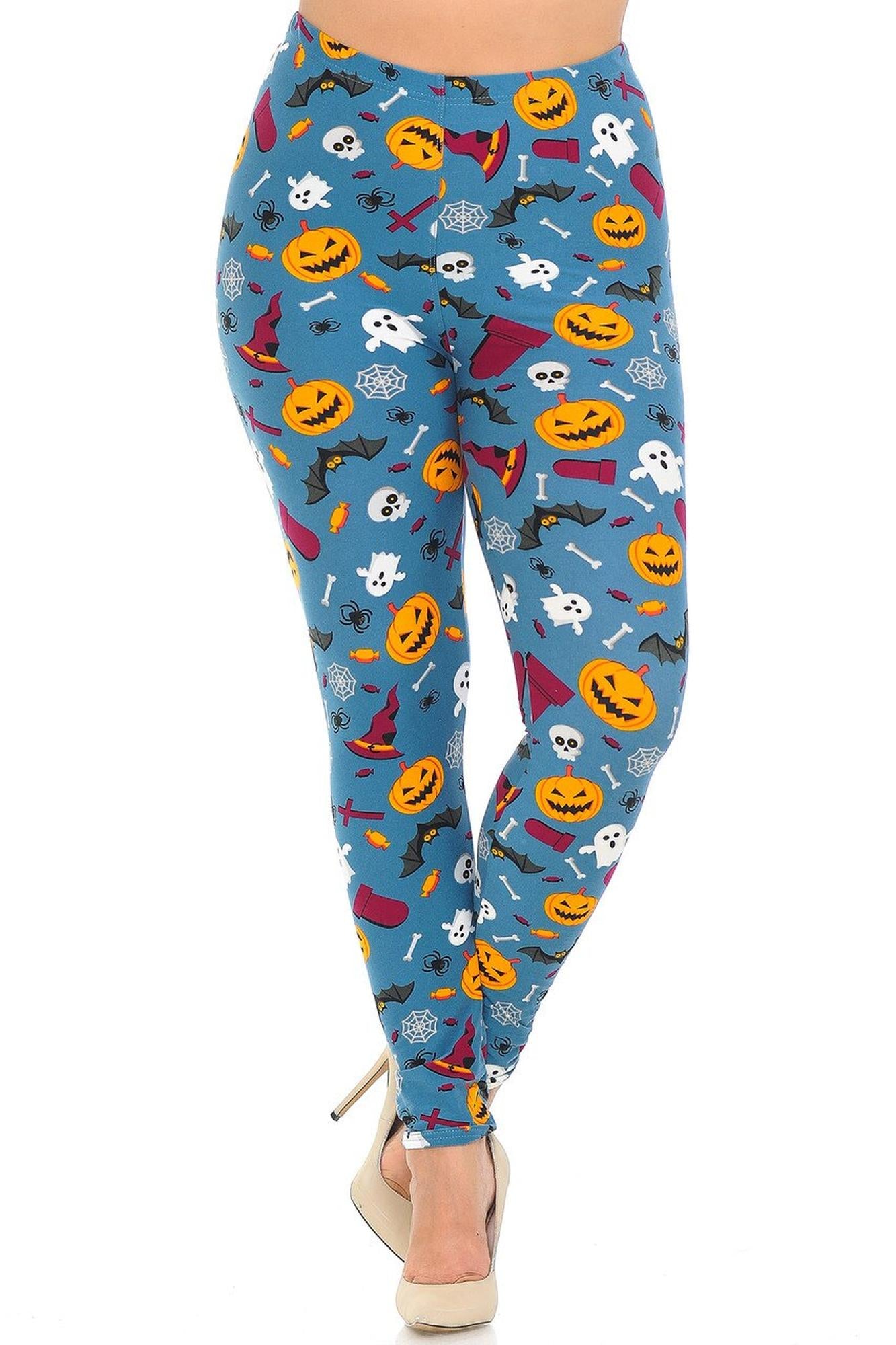 Buttery Soft Steel Blue Halloween Motif Plus Size Leggings (One Size Plus,Blue)