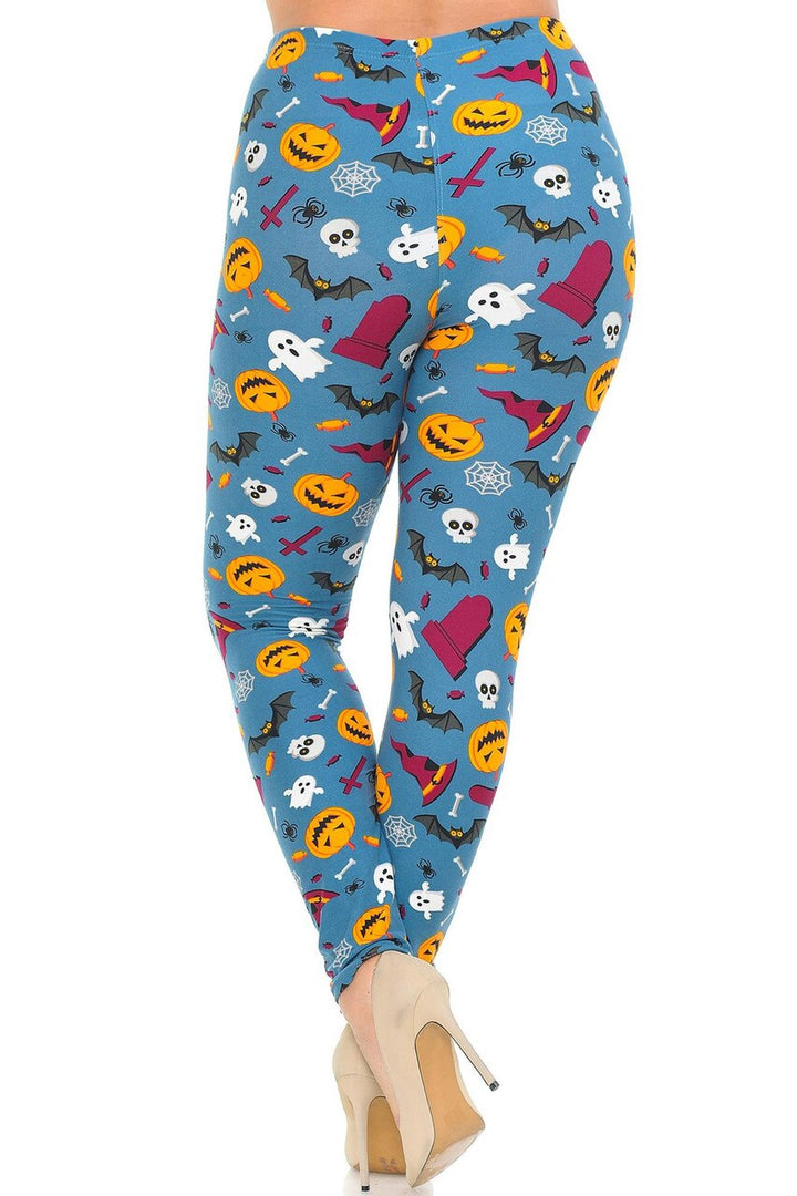 Buttery Soft Steel Blue Halloween Motif Plus Size Leggings (One Size Plus,Blue)