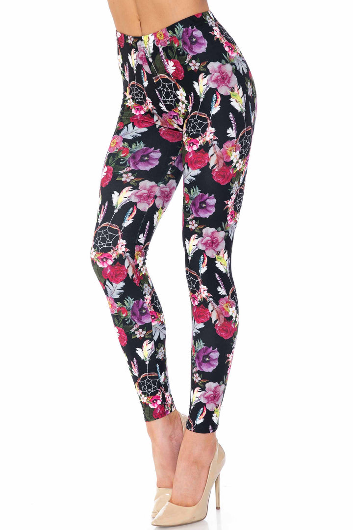 Creamy Soft Premium Women's Leggings Floral Dreamcatcher Plus Size, High Rise, Stretchy & Breathable, Comfortable Fit - by USA Fashion