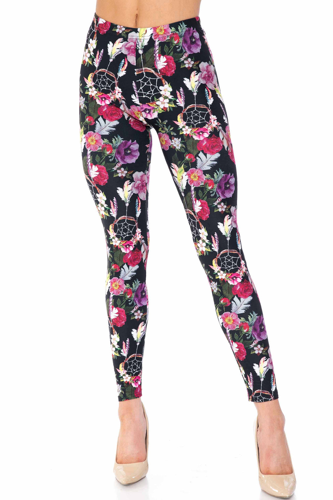 Creamy Soft Premium Women's Leggings Floral Dreamcatcher Plus Size, High Rise, Stretchy & Breathable, Comfortable Fit - by USA Fashion