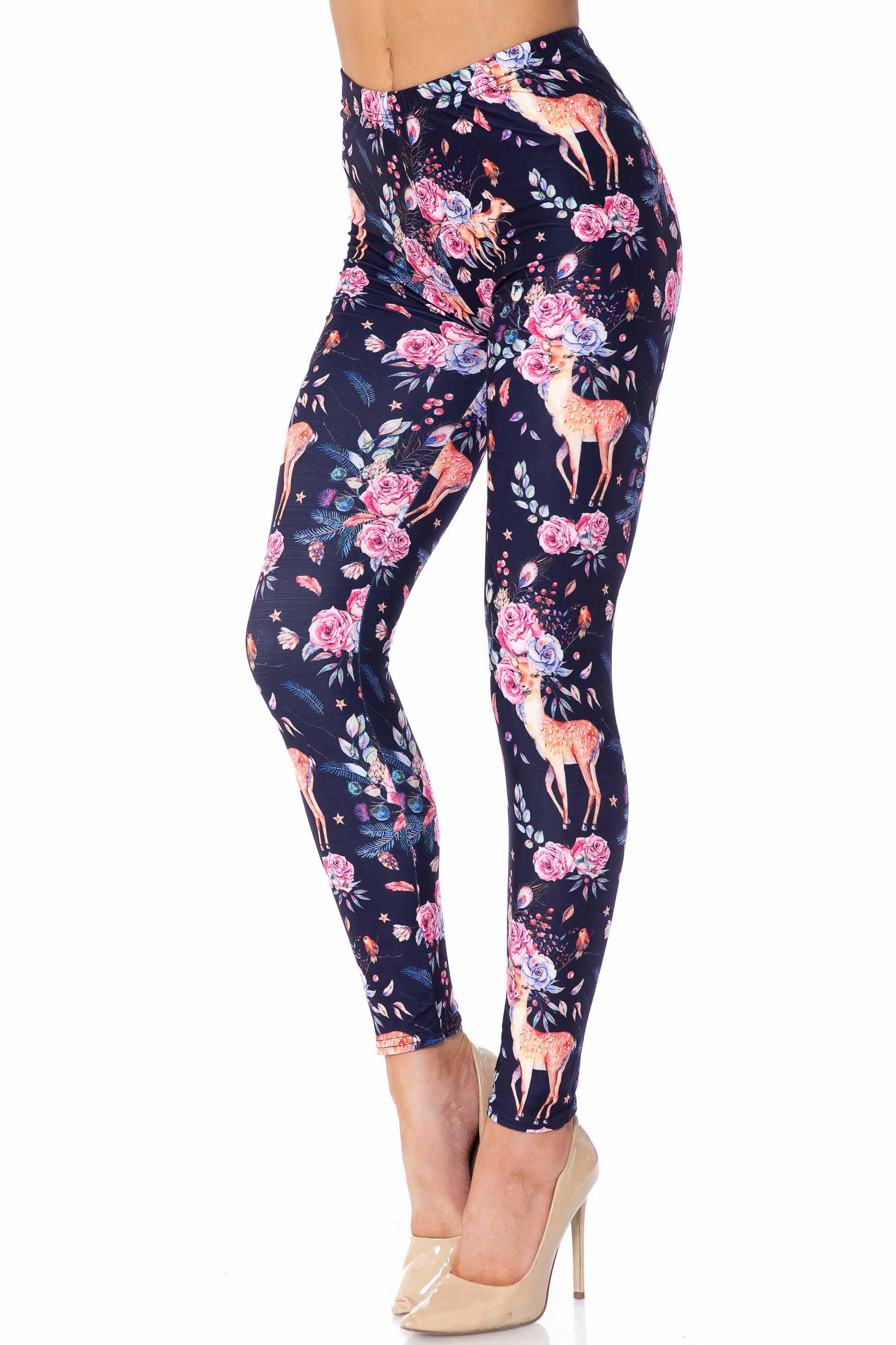 Creamy Soft Premium Women's Leggings Woodland Floral Fawn Plus Size, High Rise, Stretchy & Breathable, Comfortable Fit - by USA Fashion