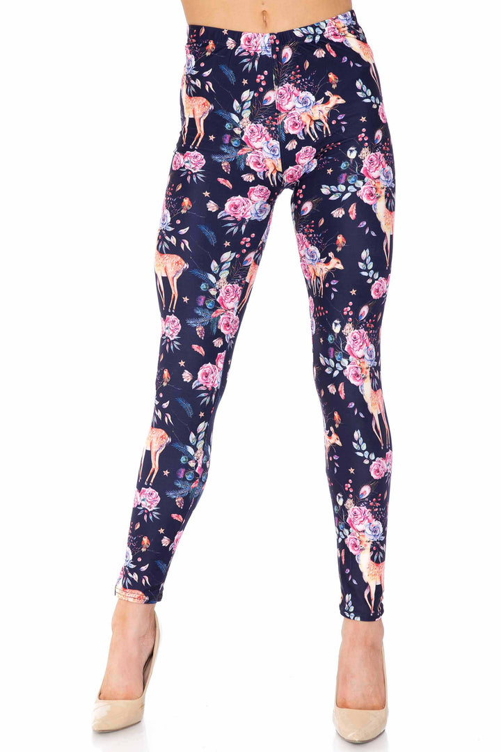 Creamy Soft Premium Women's Leggings Woodland Floral Fawn Plus Size, High Rise, Stretchy & Breathable, Comfortable Fit - by USA Fashion