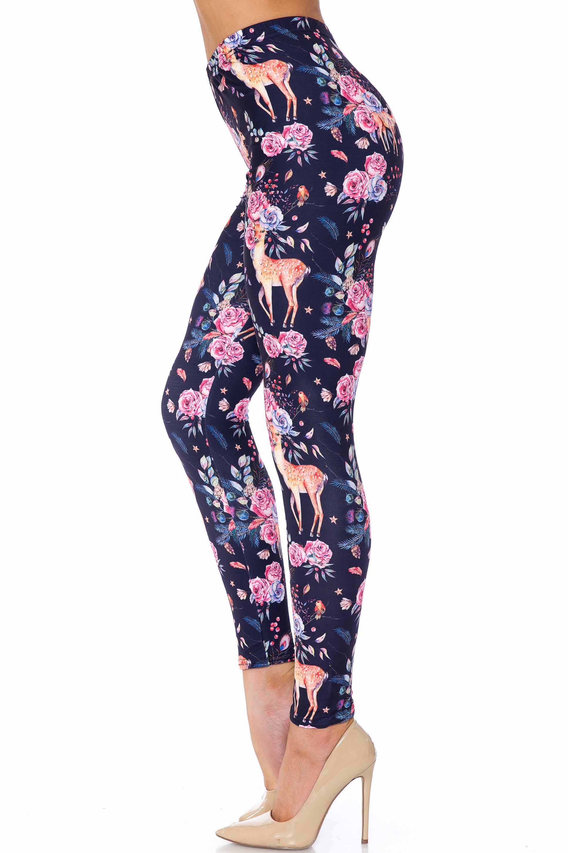 Creamy Soft Premium Women's Leggings Woodland Floral Fawn Plus Size, High Rise, Stretchy & Breathable, Comfortable Fit - by USA Fashion