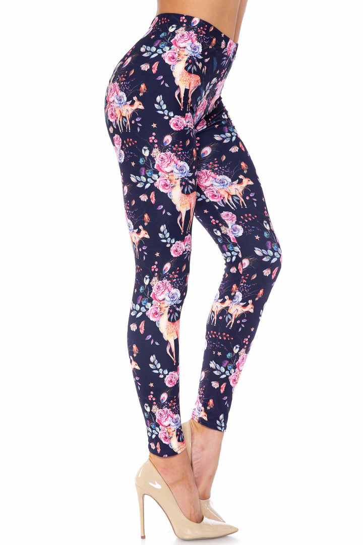 Creamy Soft Premium Women's Leggings Woodland Floral Fawn Plus Size, High Rise, Stretchy & Breathable, Comfortable Fit - by USA Fashion