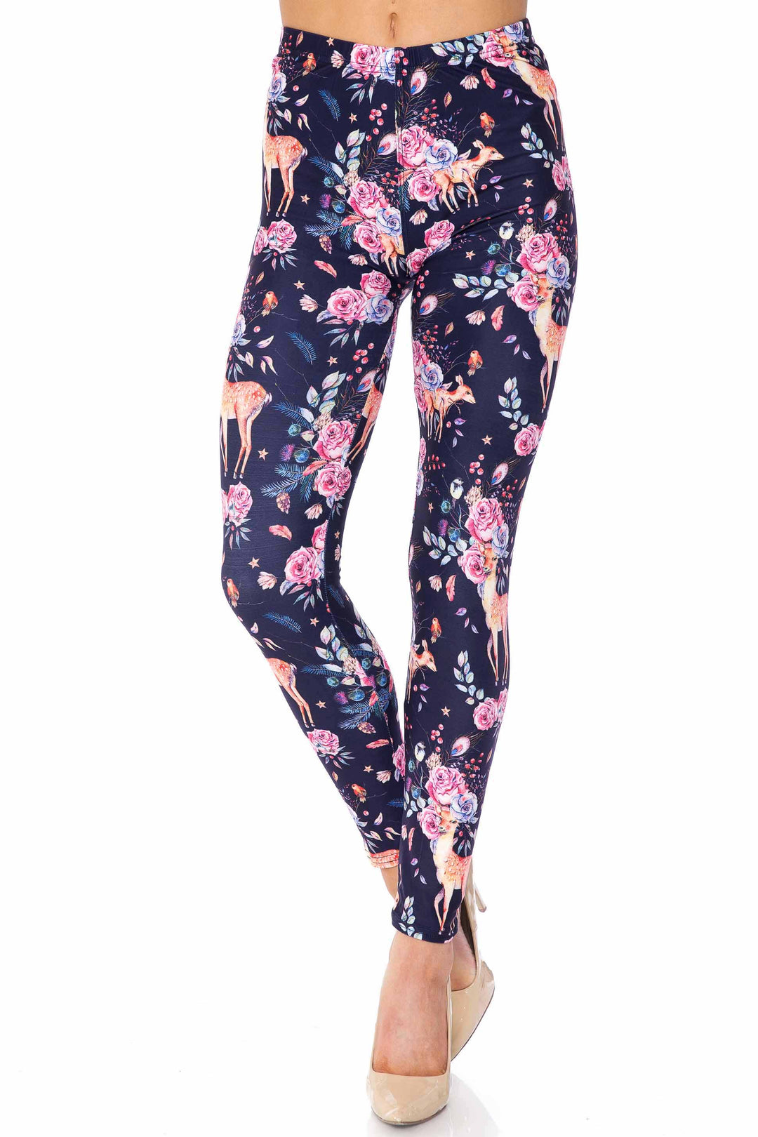 Creamy Soft Premium Women's Leggings Woodland Floral Fawn Plus Size, High Rise, Stretchy & Breathable, Comfortable Fit - by USA Fashion