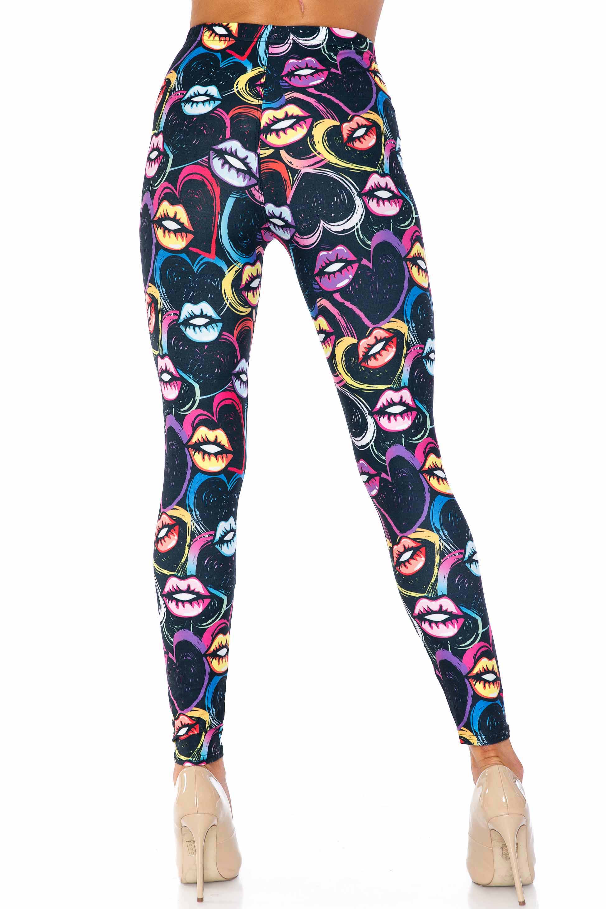 Plus Size - Creamy Soft Women's Laser Print Skin Smoothing Fashion Print Leggings - Colorful Lips and Hearts