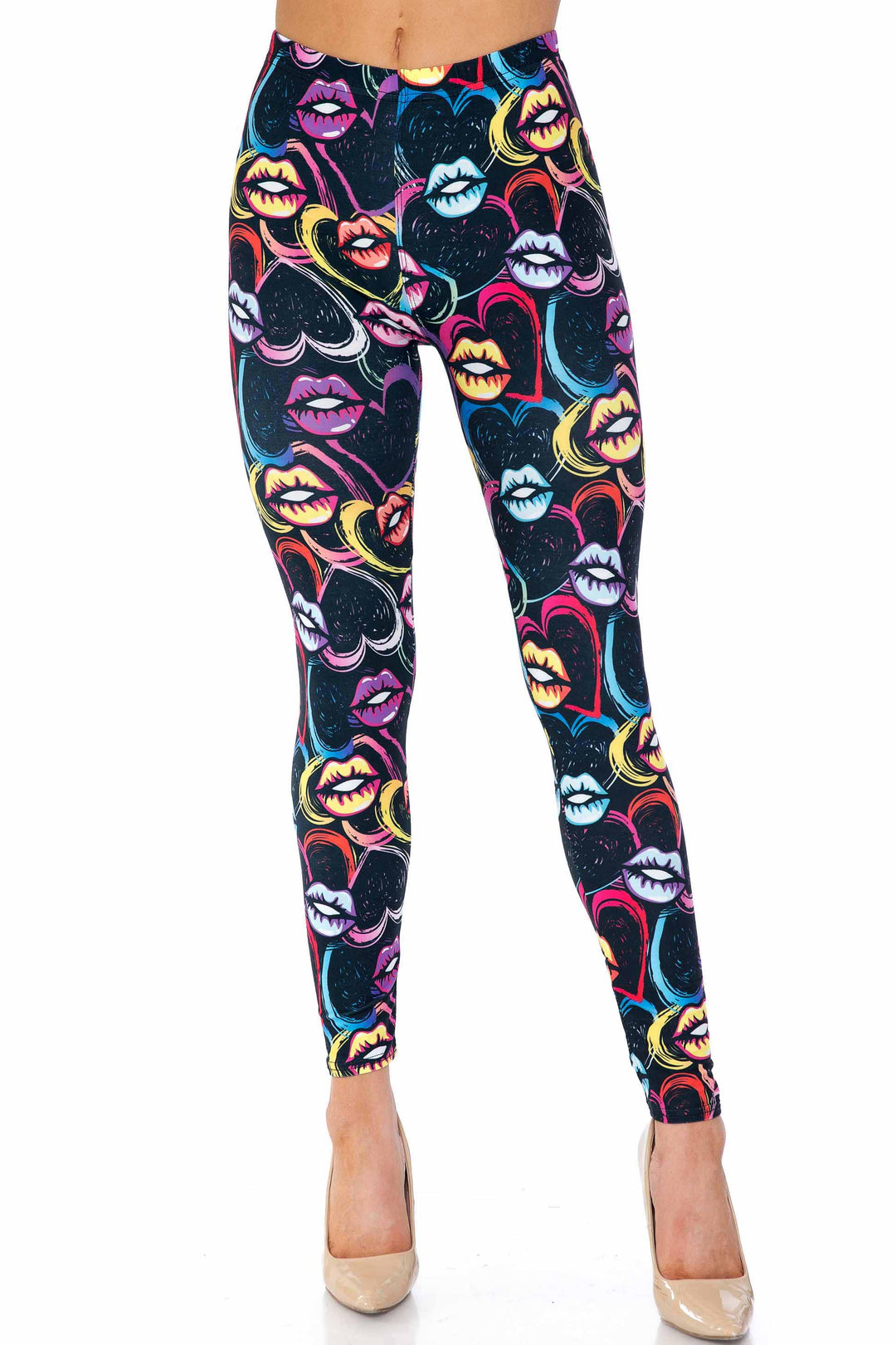 Plus Size - Creamy Soft Women's Laser Print Skin Smoothing Fashion Print Leggings - Colorful Lips and Hearts
