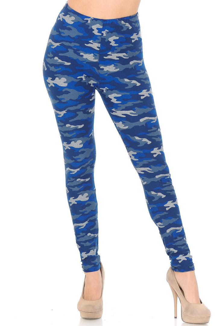 Buttery Soft Blue Grid Camouflage Plus Size Leggings (One Size Plus,Blue)