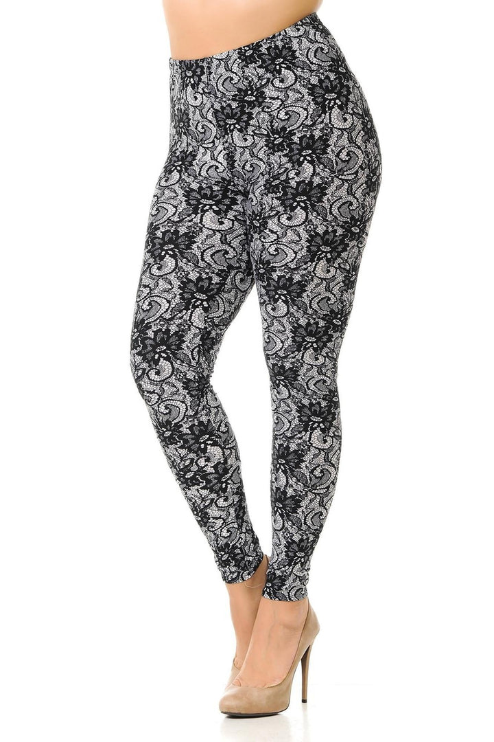 Buttery Soft Sassy Lace Print Plus Size Leggings (One Size Plus,Charcoal)