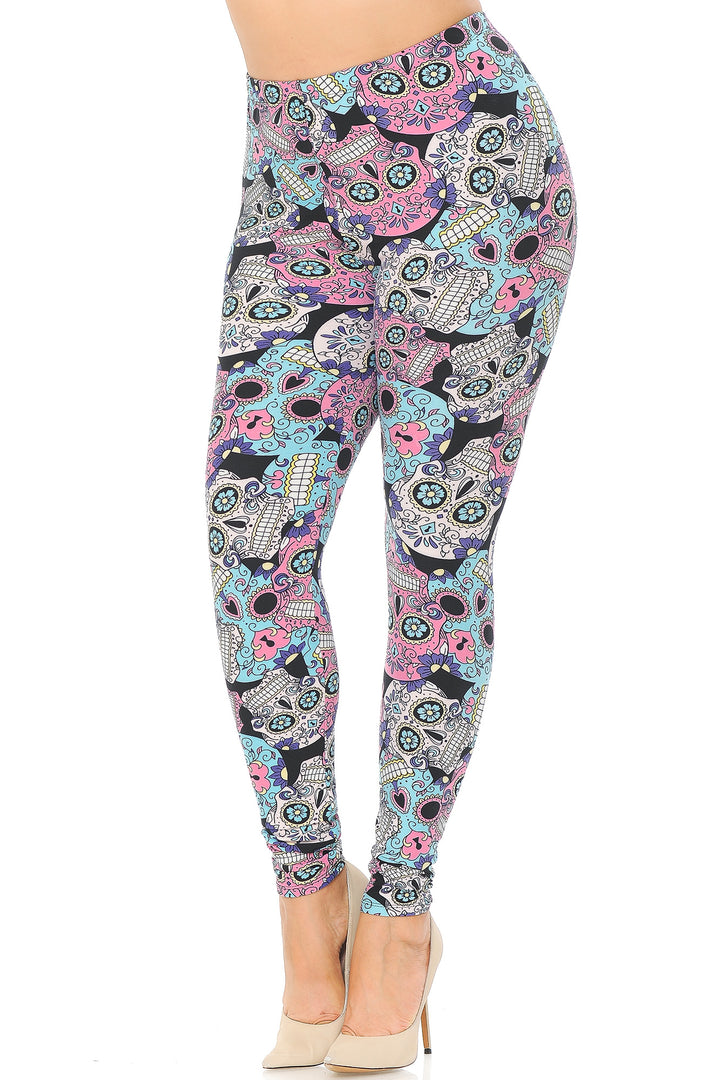 Plus Size - Buttery Soft Pastel Sugar Skull Print Leggings