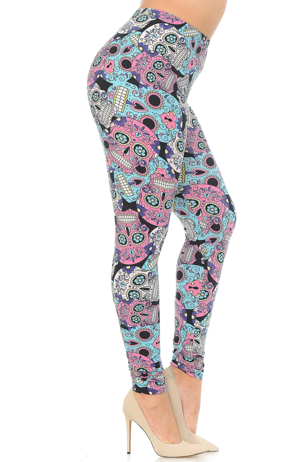 Plus Size - Buttery Soft Pastel Sugar Skull Print Leggings