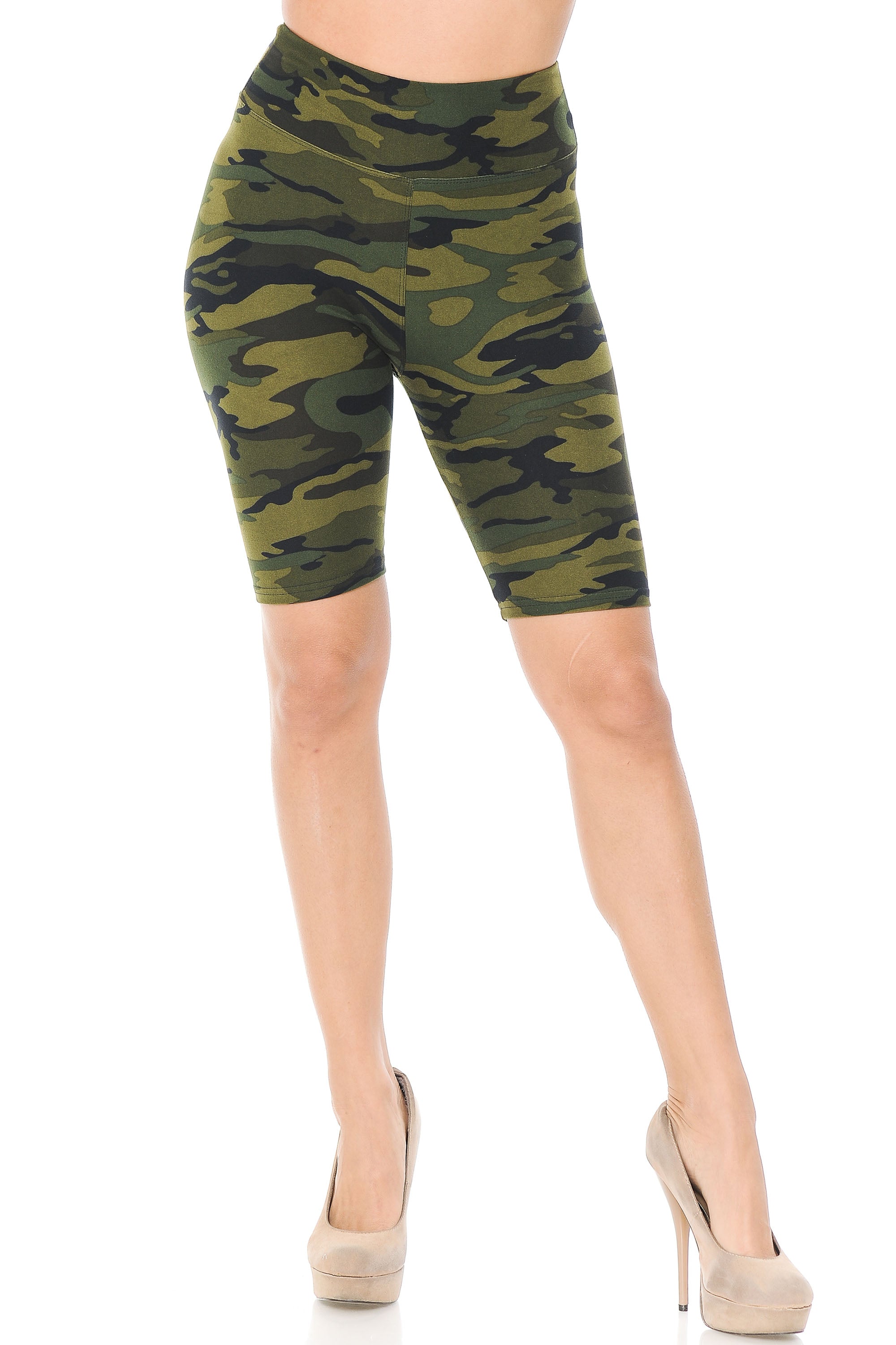 Buttery Soft Green Camouflage Plus Size Biker Shorts - 3 Inch Waist Band (One Size Plus,Olive)