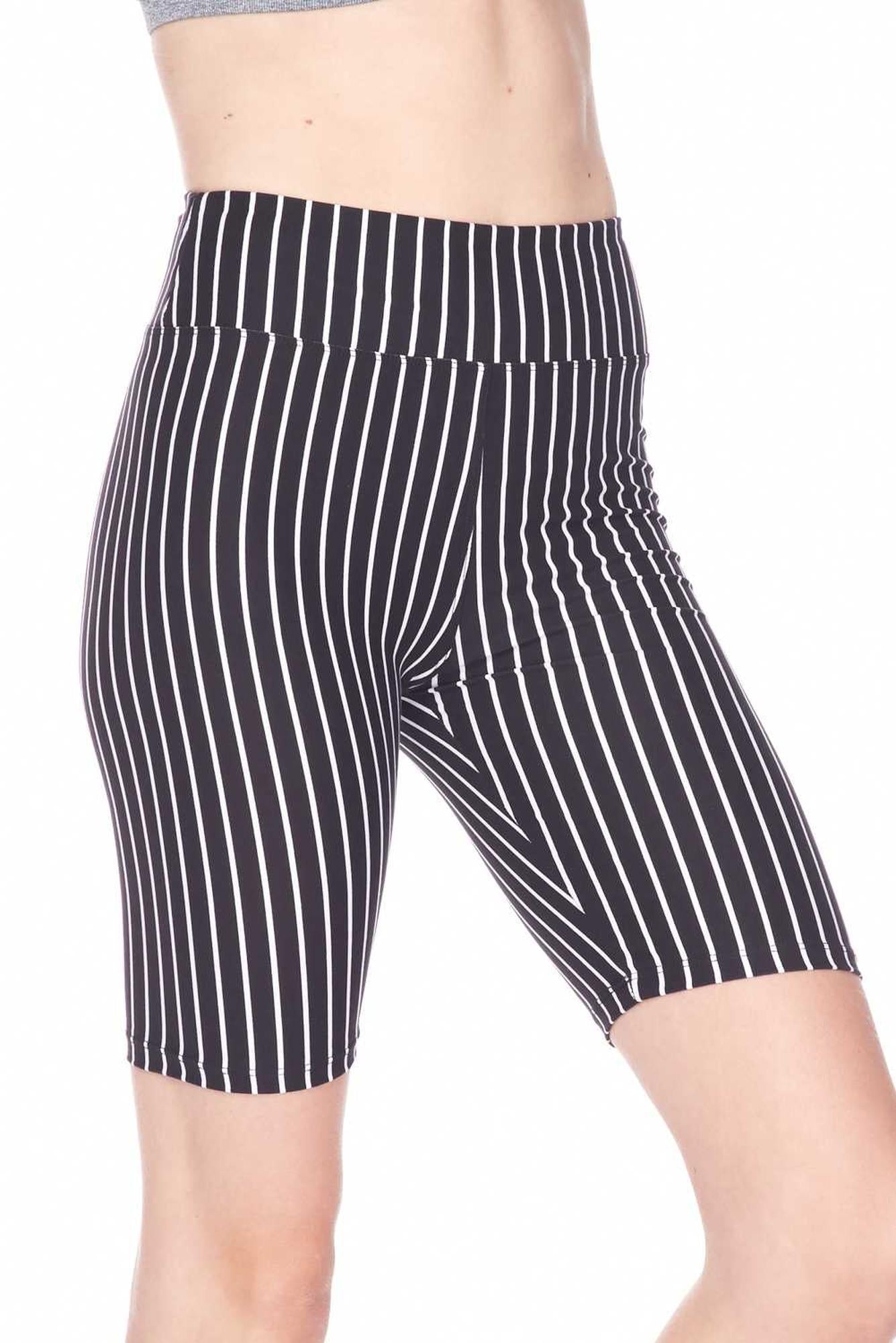 Buttery Soft Black Pinstripe Plus Size Biker Shorts - 3 Inch Waist Band (One Size Plus,Black)