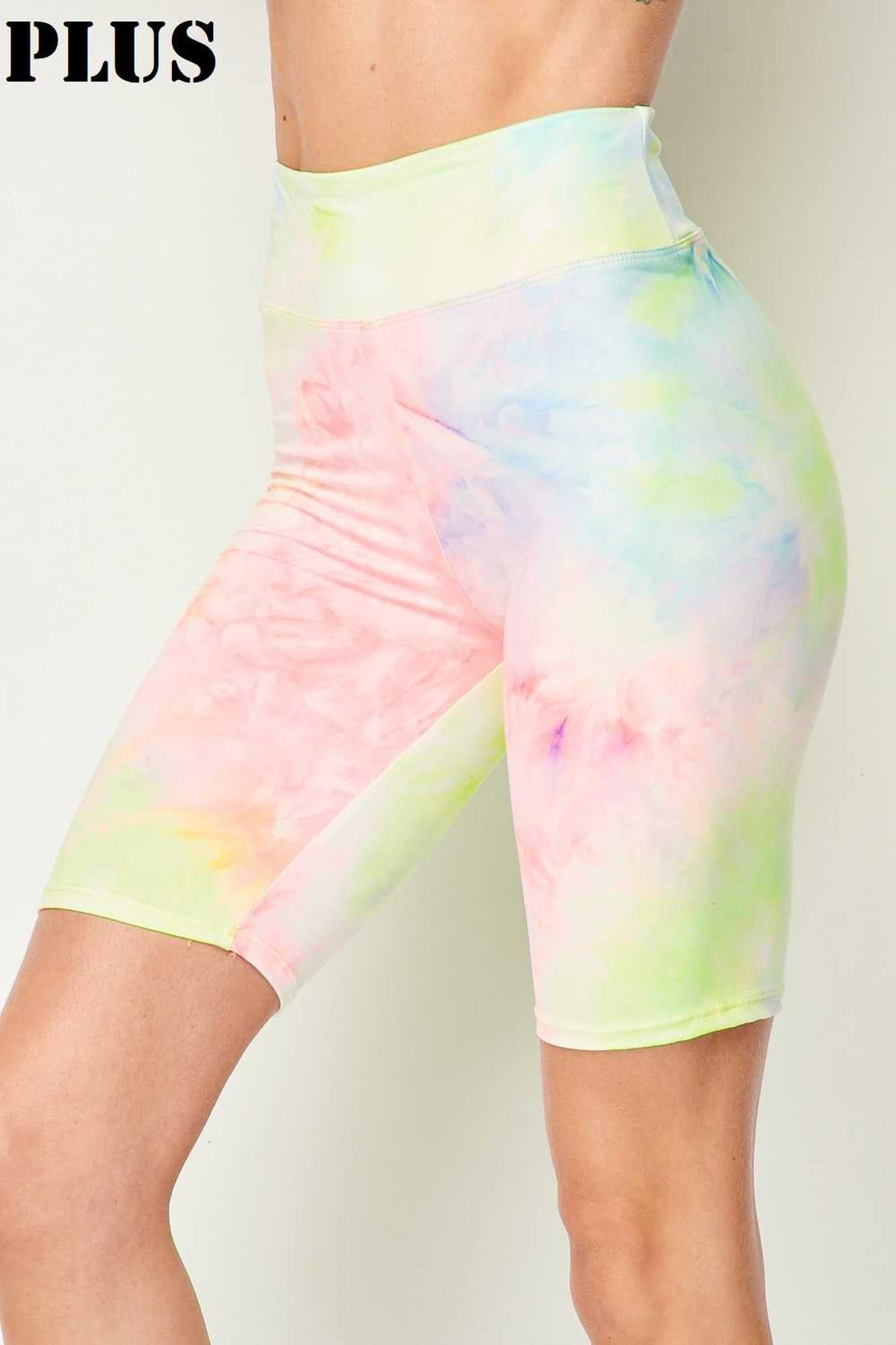 Pastel Tie Dye High Waisted Biker Shorts - Plus Size - 1XL 2XL 3XL - 3 Inch Waist