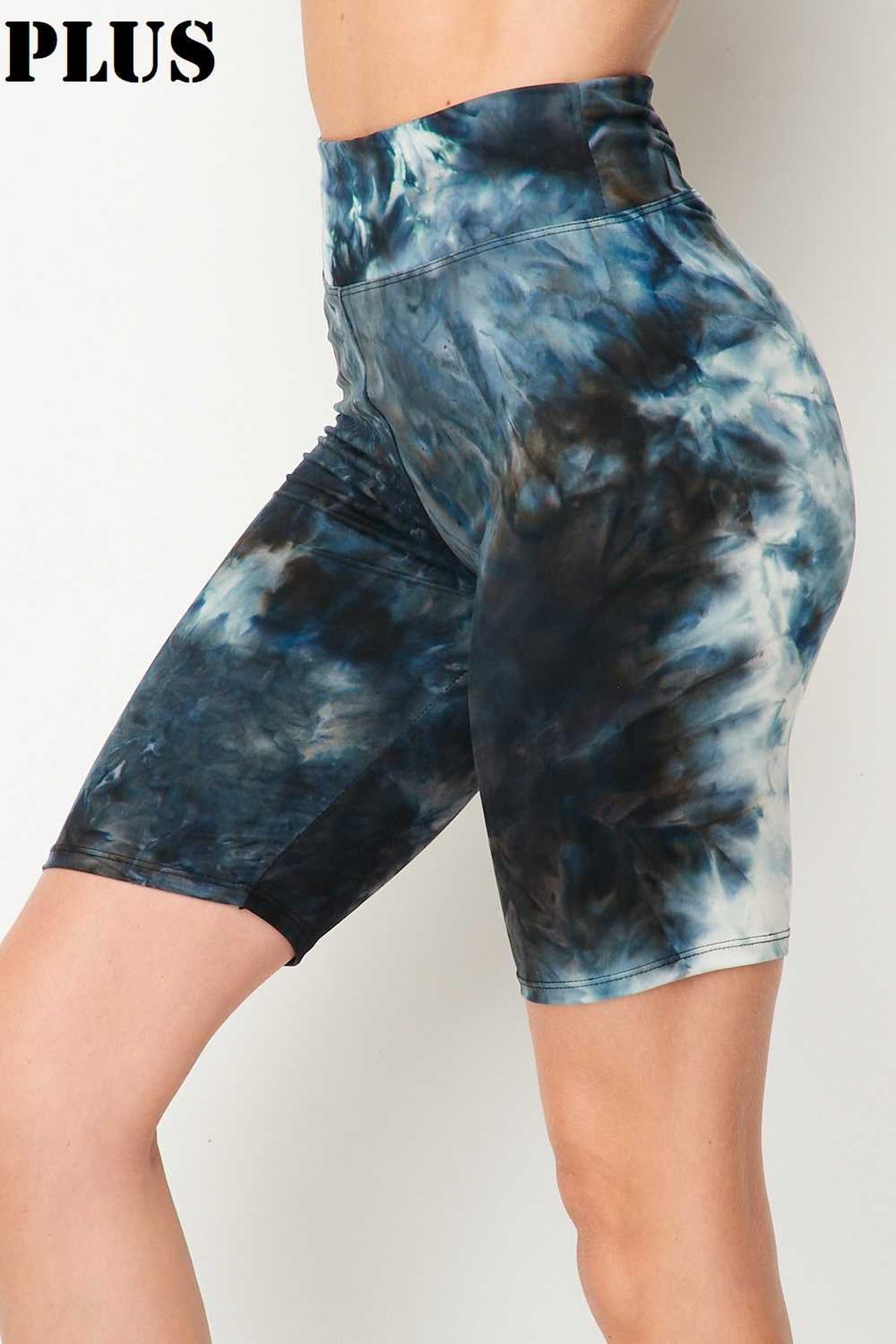 Steel Blue Tie Dye High Waisted Biker Shorts - Plus Size - 1XL 2XL 3XL - 3 Inch Waist