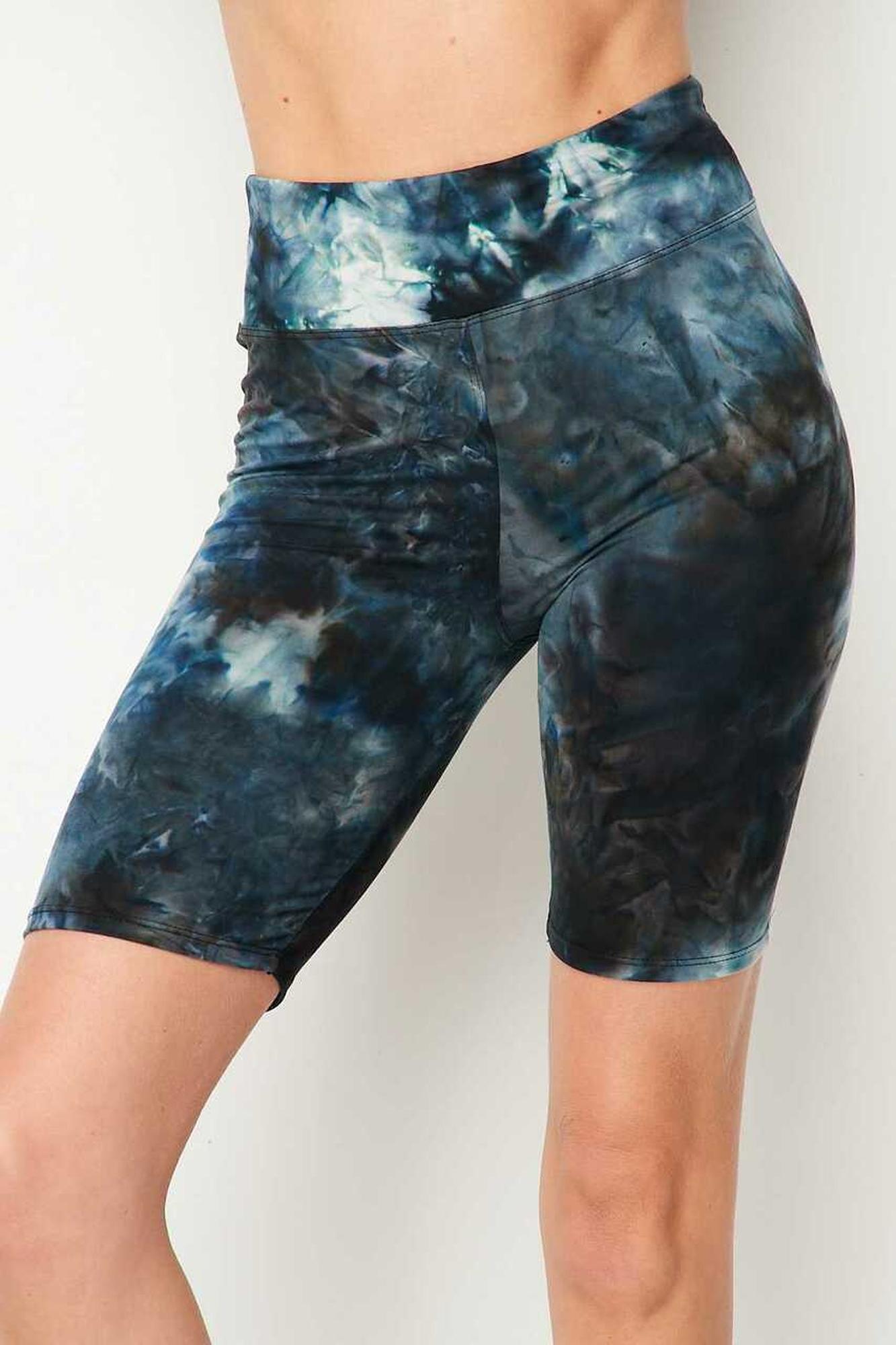 Steel Blue Tie Dye High Waisted Biker Shorts - Plus Size - 1XL 2XL 3XL - 3 Inch Waist