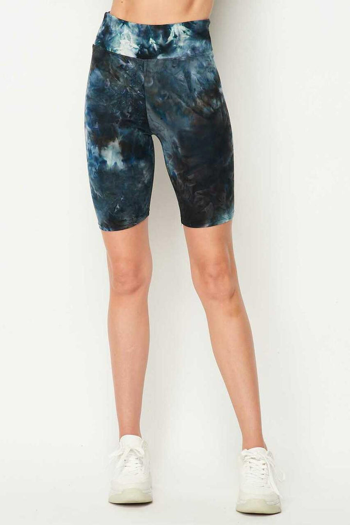 Steel Blue Tie Dye High Waisted Biker Shorts - Plus Size - 1XL 2XL 3XL - 3 Inch Waist
