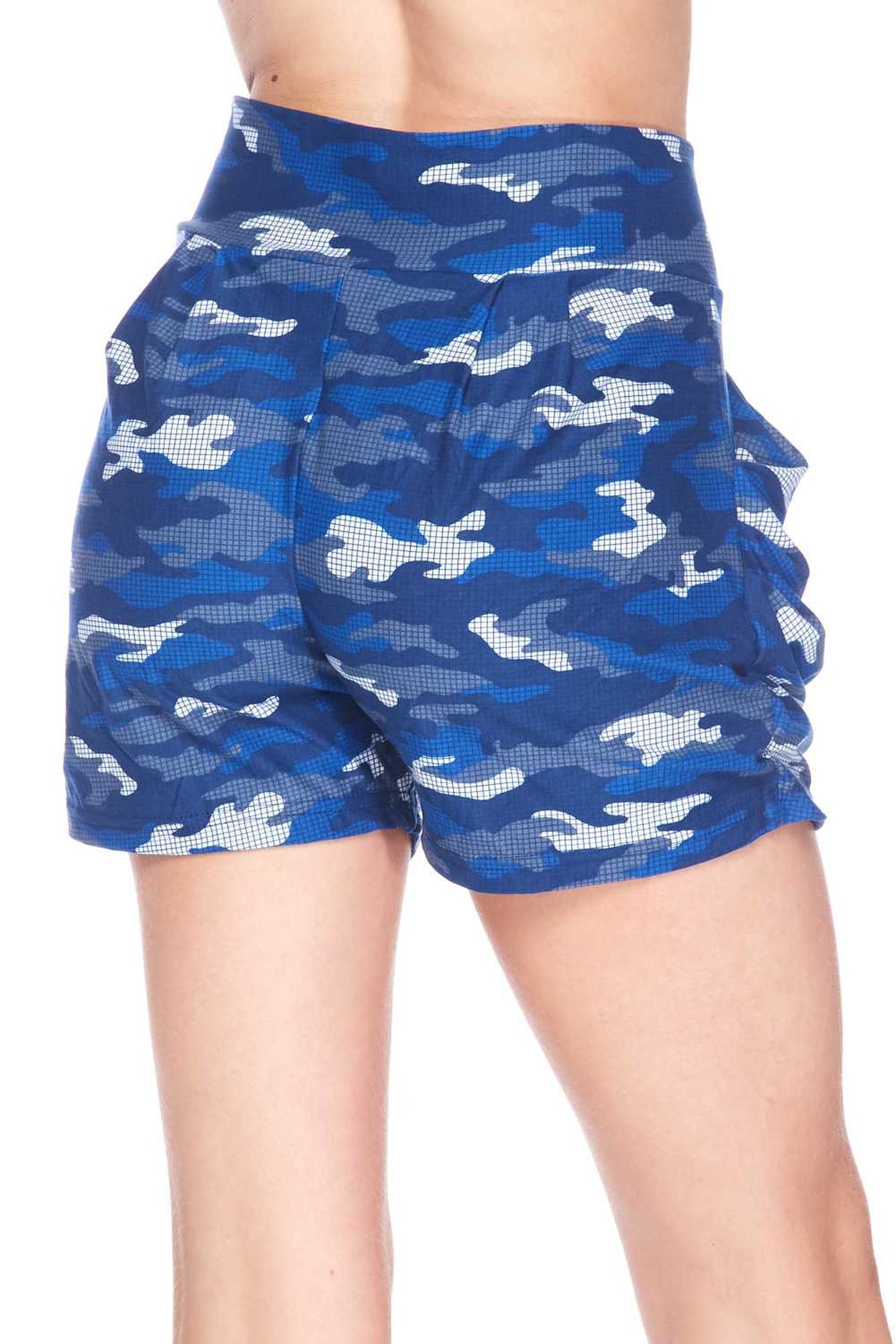 Buttery Smooth Blue Grid Camouflage Harem Shorts - Plus Size - 1XL 2XL 3XL