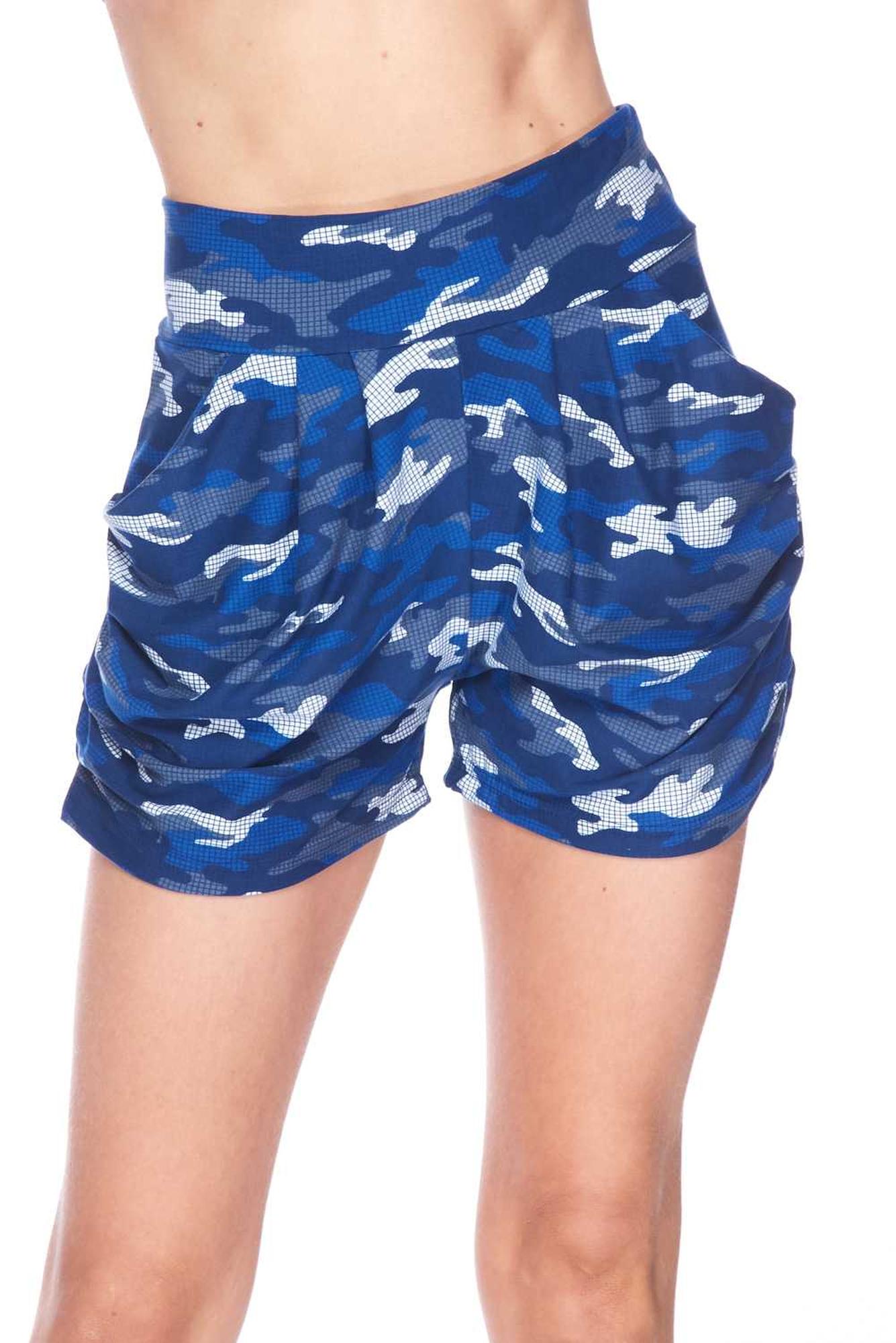Buttery Smooth Blue Grid Camouflage Harem Shorts - Plus Size - 1XL 2XL 3XL