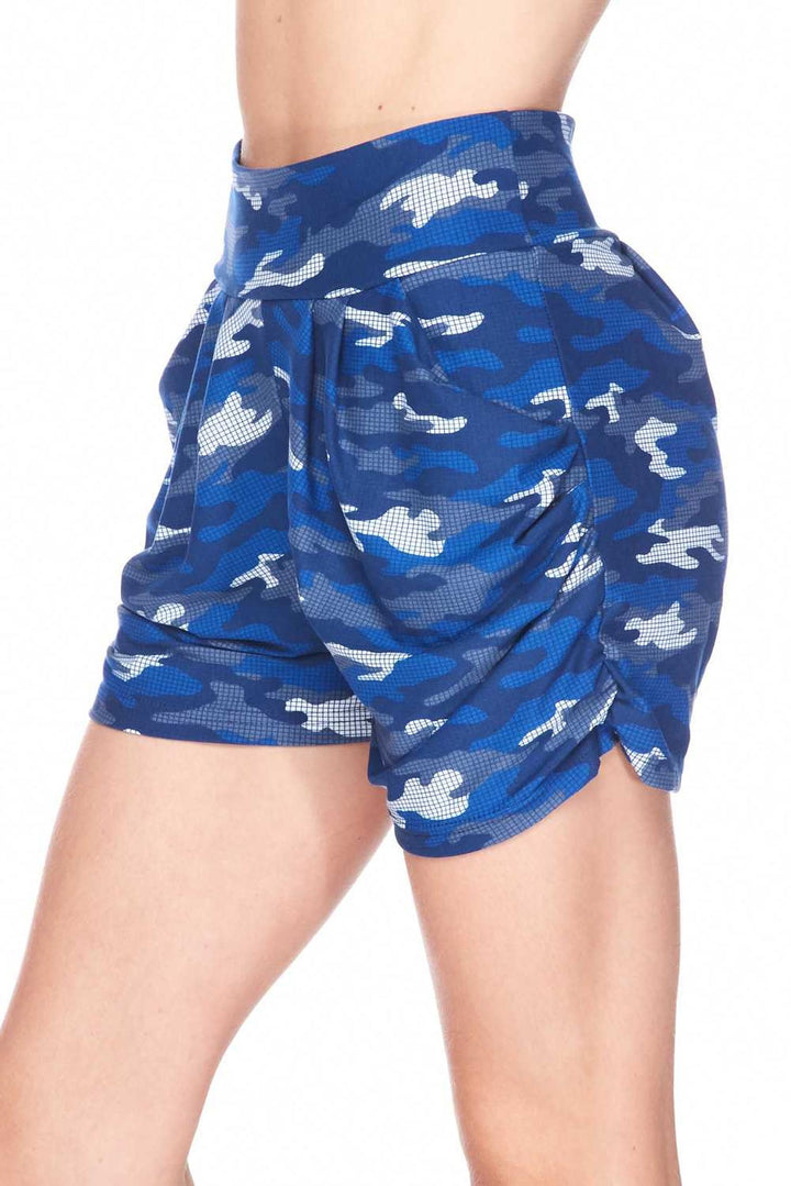Buttery Smooth Blue Grid Camouflage Harem Shorts - Plus Size - 1XL 2XL 3XL