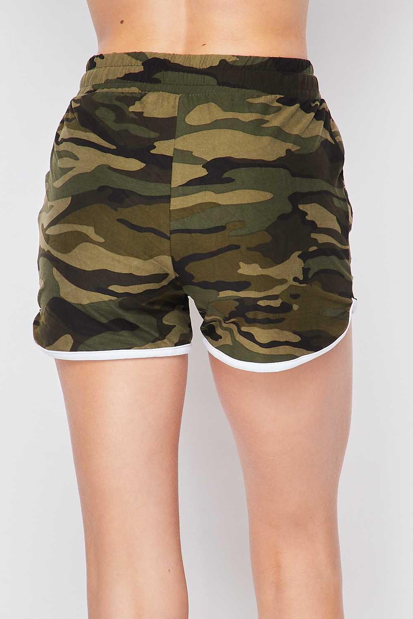 Buttery Smooth Green Camouflage Drawstring Waist Dolphin Shorts with Pockets - Plus Size - 1XL 2XL 3XL